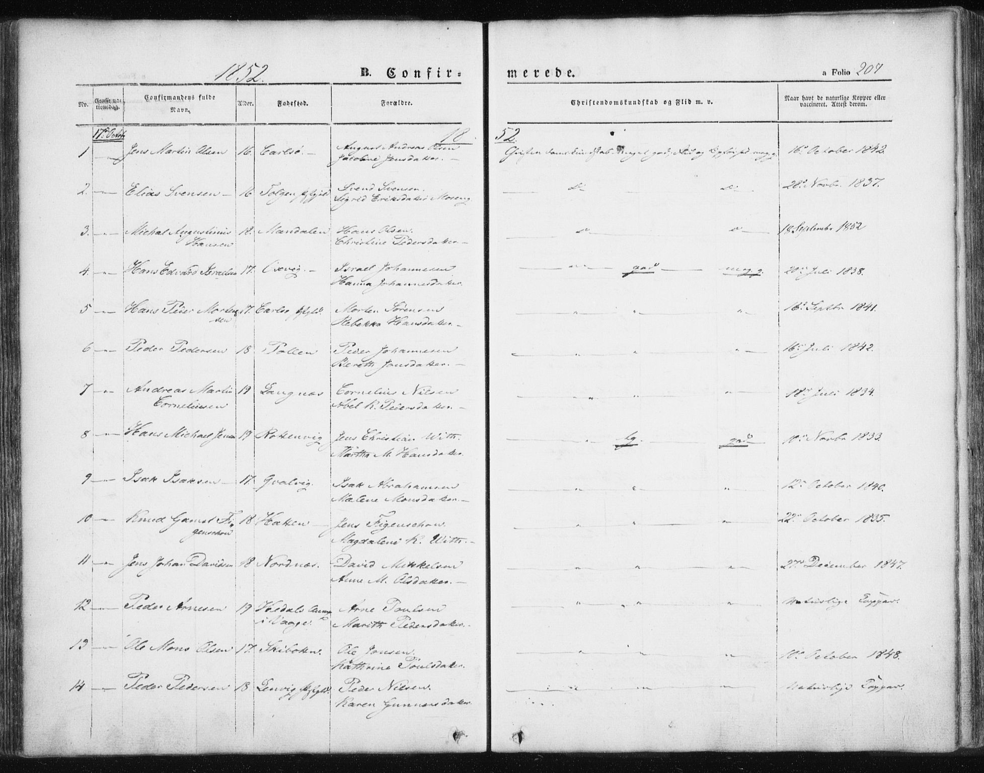 Lyngen sokneprestembete, SATØ/S-1289/H/He/Hea/L0004kirke: Parish register (official) no. 4, 1839-1858, p. 207