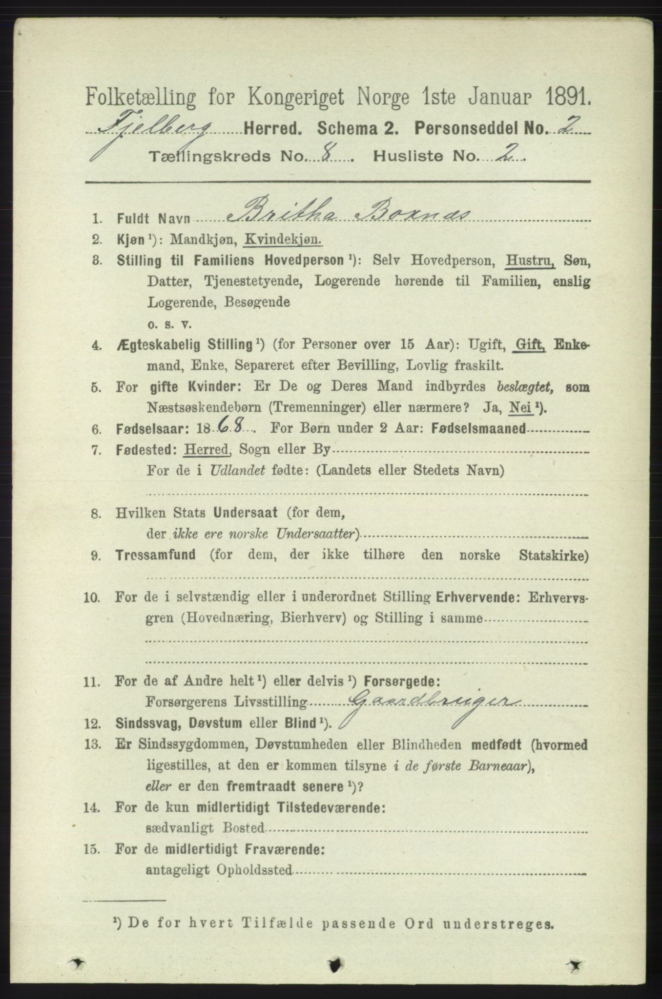 RA, 1891 census for 1213 Fjelberg, 1891, p. 2960