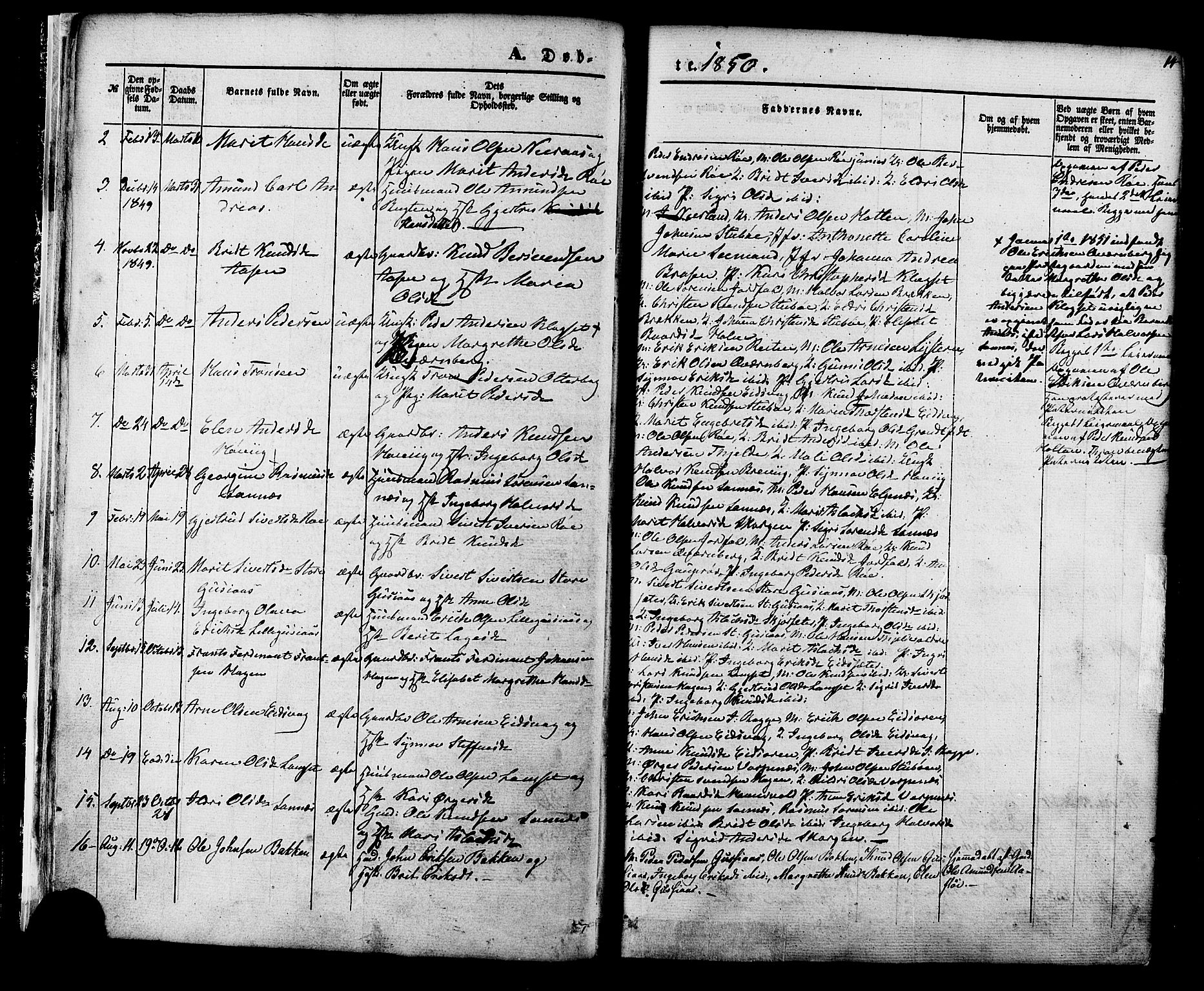 Ministerialprotokoller, klokkerbøker og fødselsregistre - Møre og Romsdal, SAT/A-1454/551/L0625: Parish register (official) no. 551A05, 1846-1879, p. 14