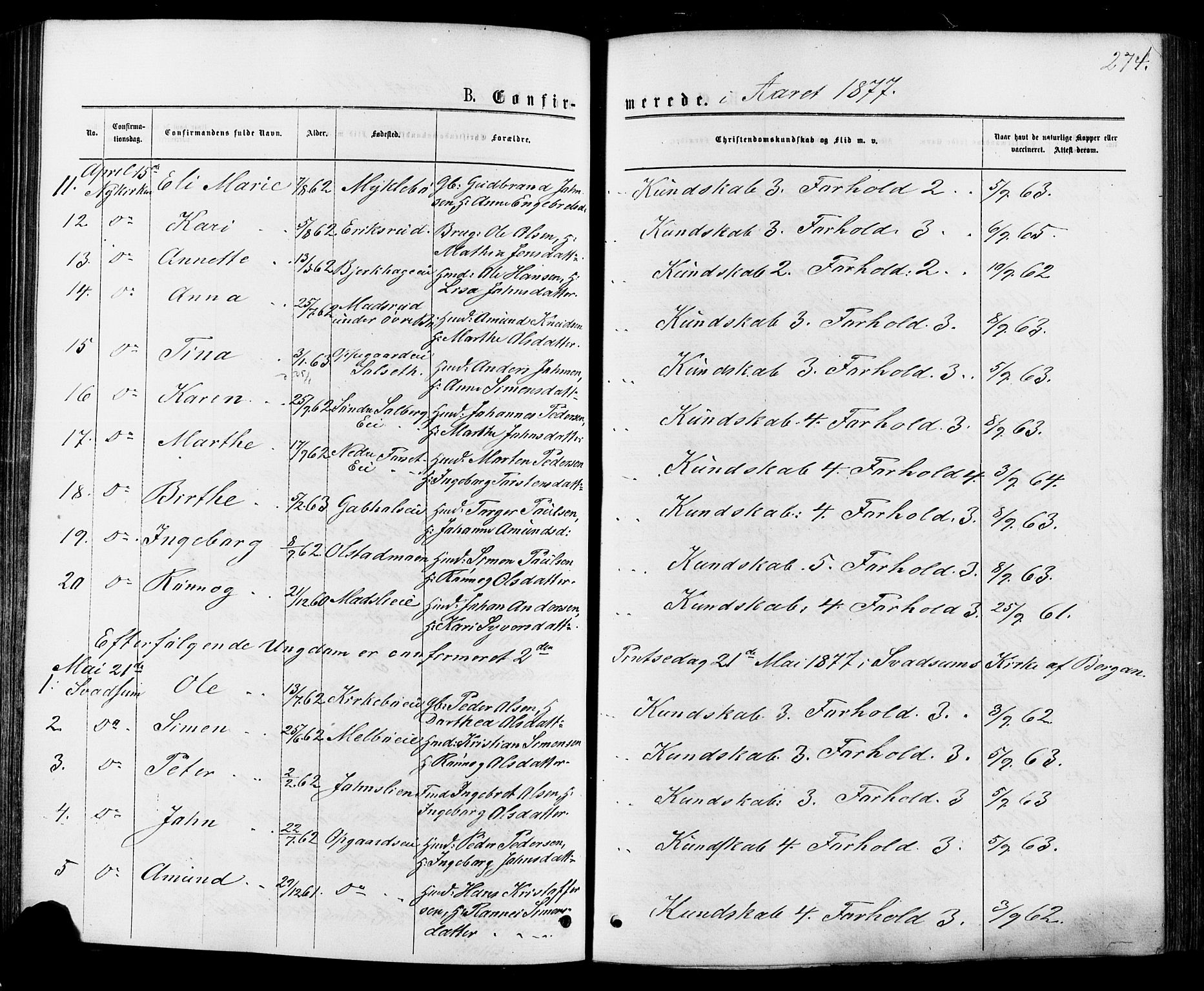 Østre Gausdal prestekontor, SAH/PREST-092/H/Ha/Haa/L0001: Parish register (official) no. 1, 1874-1886, p. 274