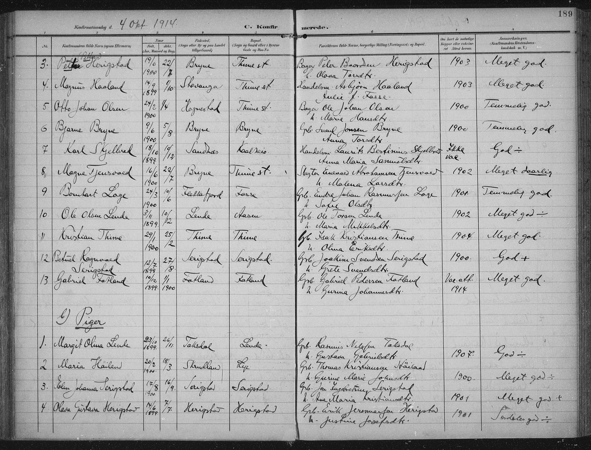 Lye sokneprestkontor, AV/SAST-A-101794/002/A/L0001: Parish register (official) no. A 12, 1904-1920, p. 189