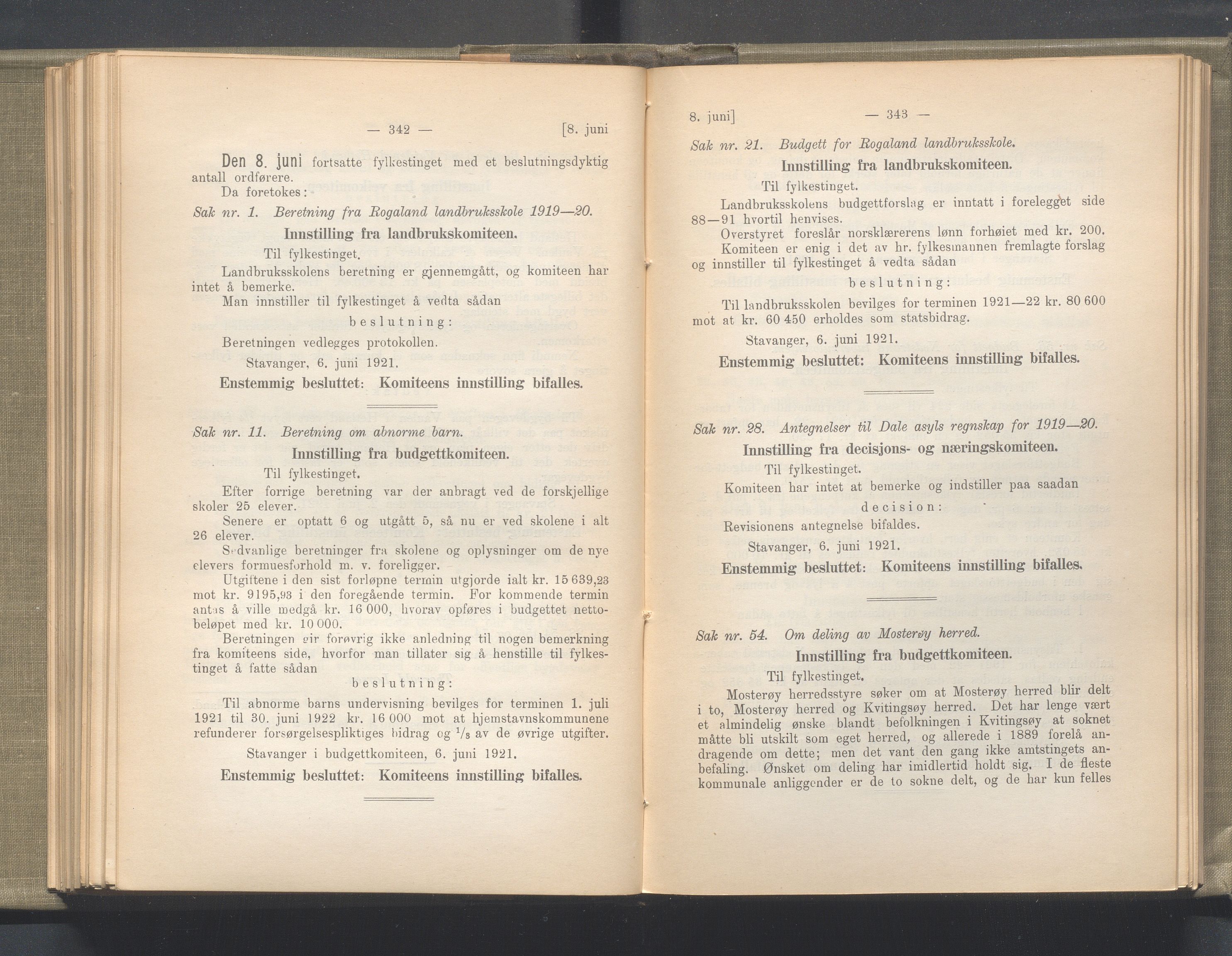 Rogaland fylkeskommune - Fylkesrådmannen , IKAR/A-900/A/Aa/Aaa/L0040: Møtebok , 1921, p. 342-343