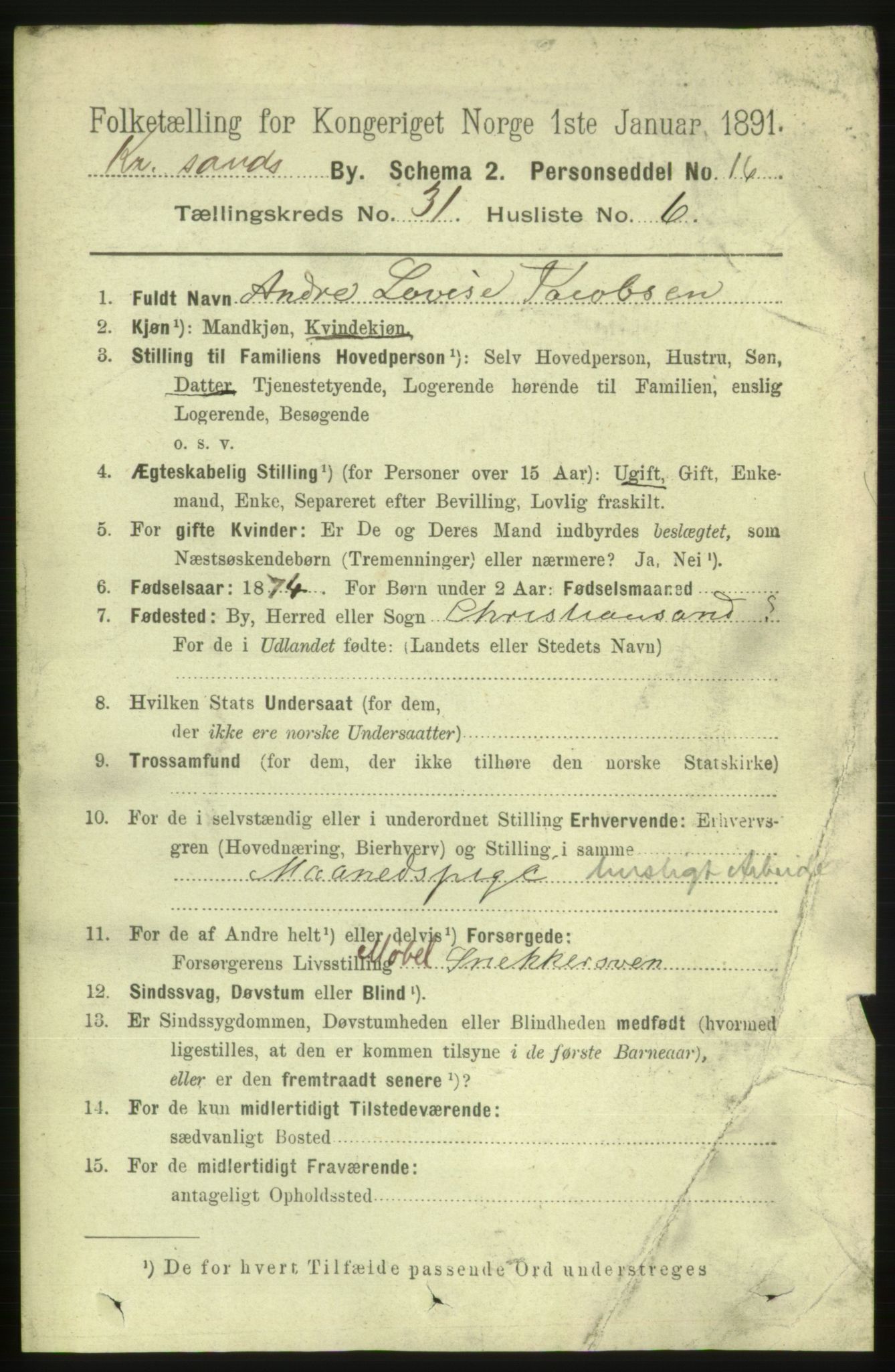 RA, 1891 census for 1001 Kristiansand, 1891, p. 9783