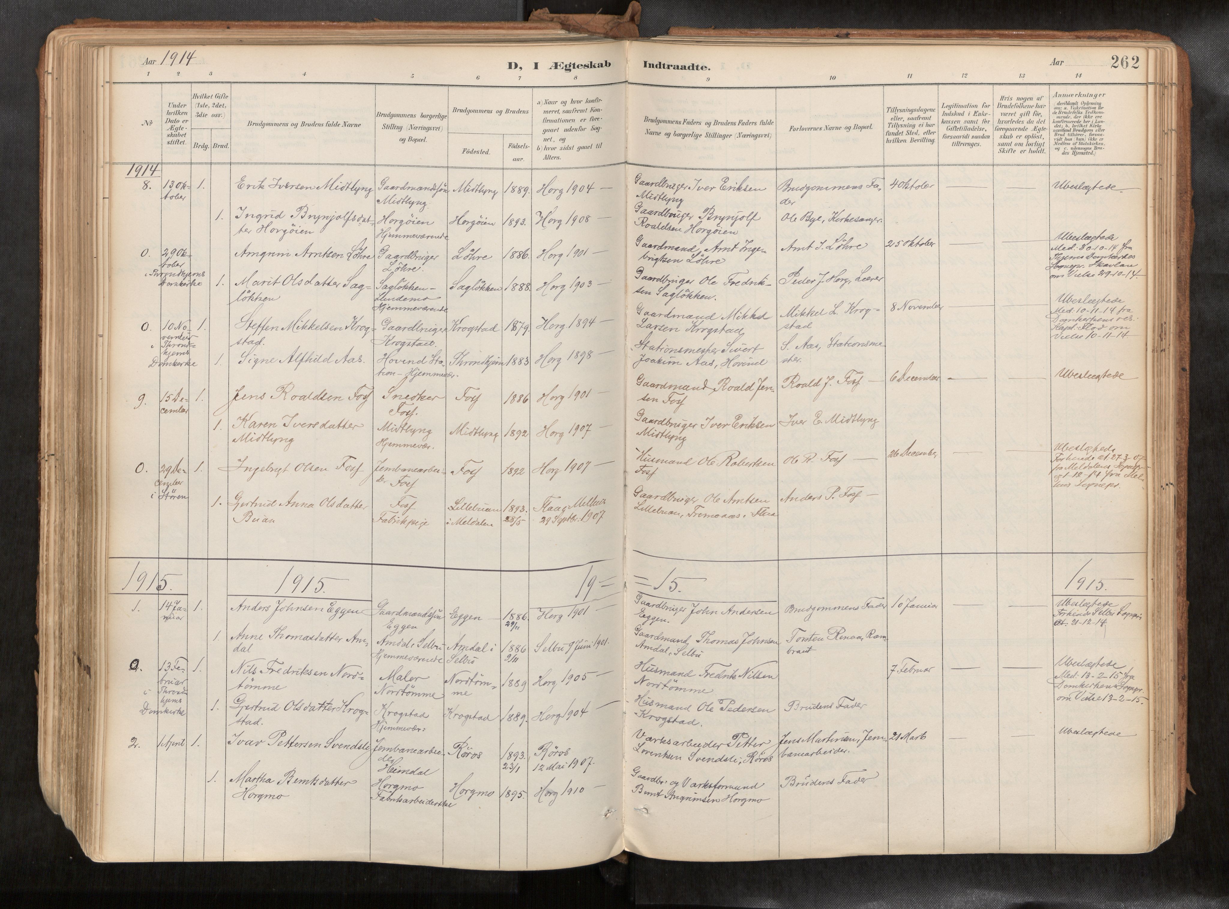 Ministerialprotokoller, klokkerbøker og fødselsregistre - Sør-Trøndelag, SAT/A-1456/692/L1105b: Parish register (official) no. 692A06, 1891-1934, p. 262