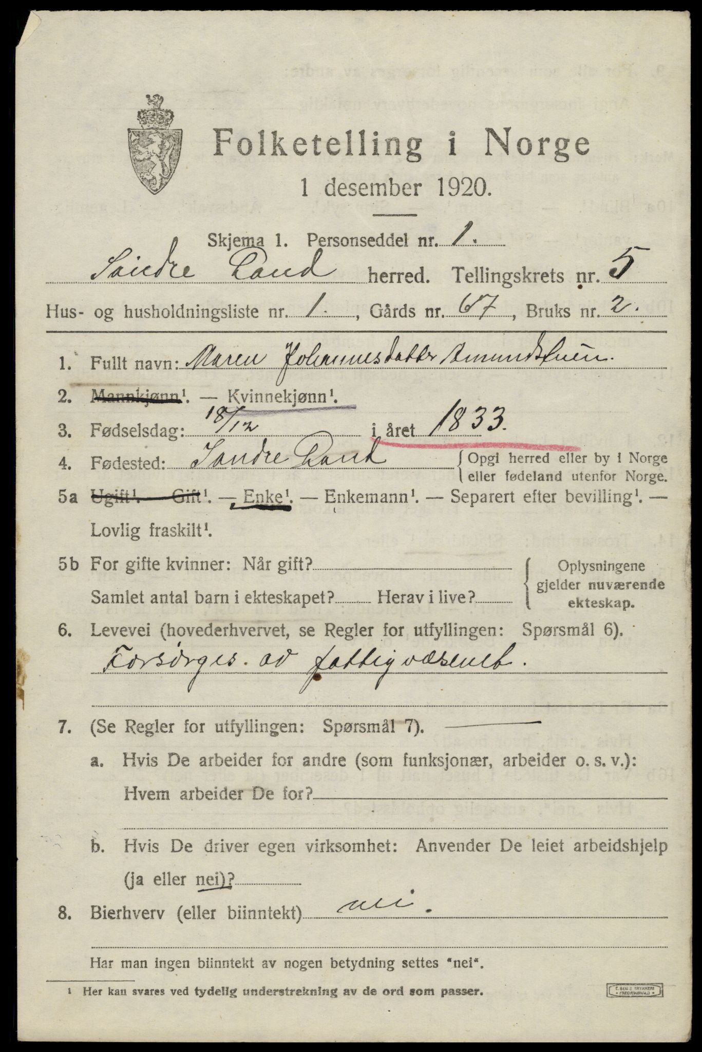 SAH, 1920 census for Søndre Land, 1920, p. 4997