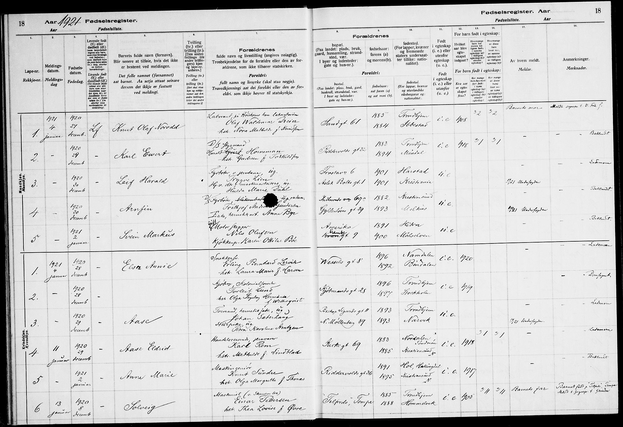 Ministerialprotokoller, klokkerbøker og fødselsregistre - Sør-Trøndelag, SAT/A-1456/600/L0003: Birth register no. 600.II.4.2, 1920-1924, p. 18