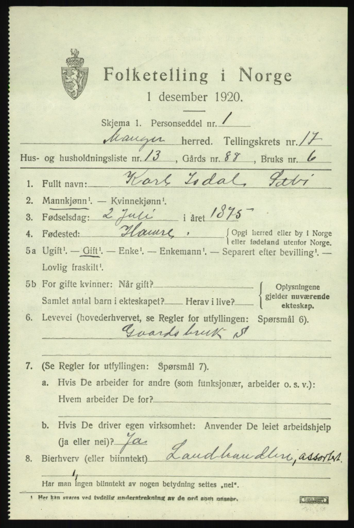 SAB, 1920 census for Manger, 1920, p. 9706