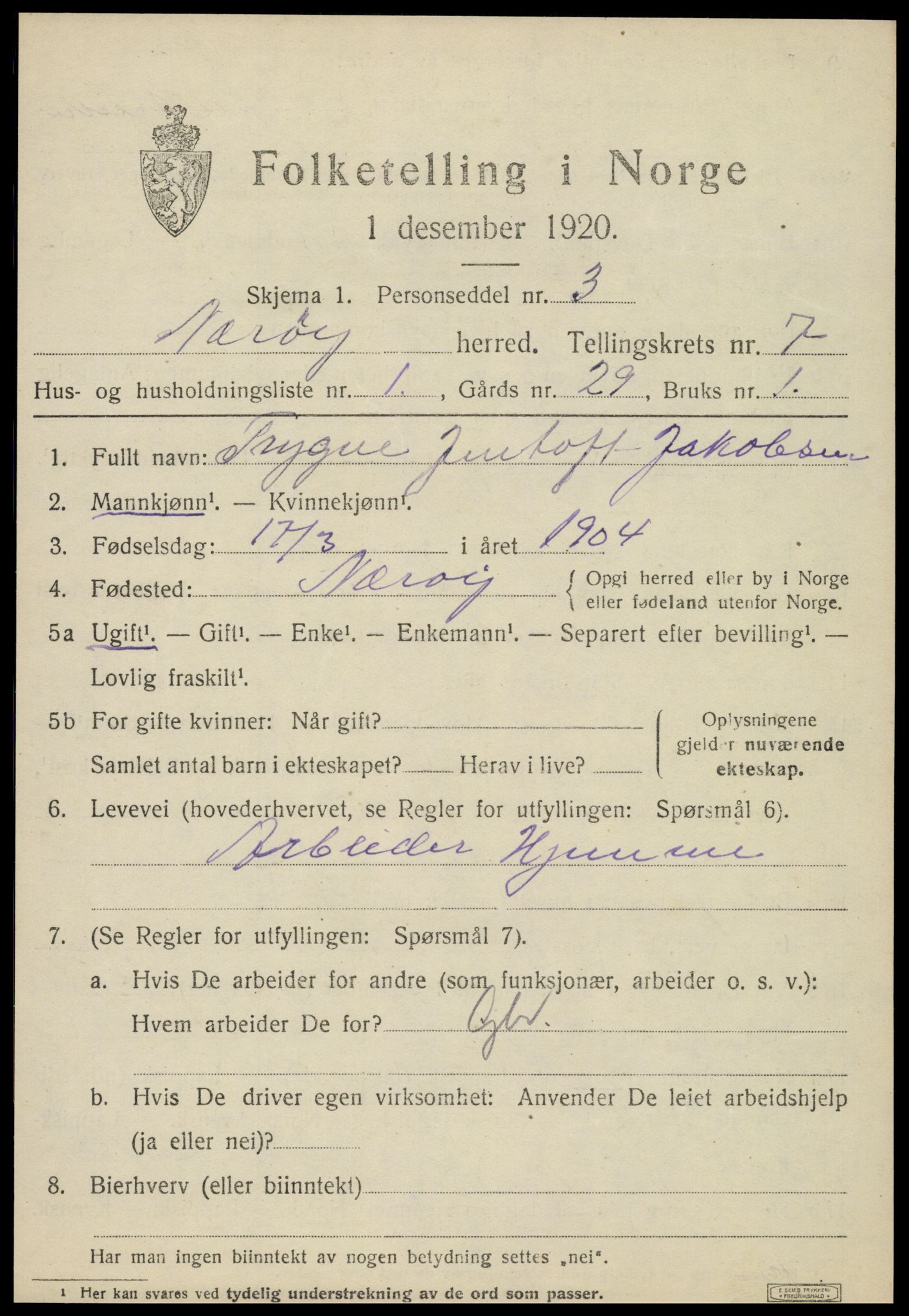 SAT, 1920 census for Nærøy, 1920, p. 3961