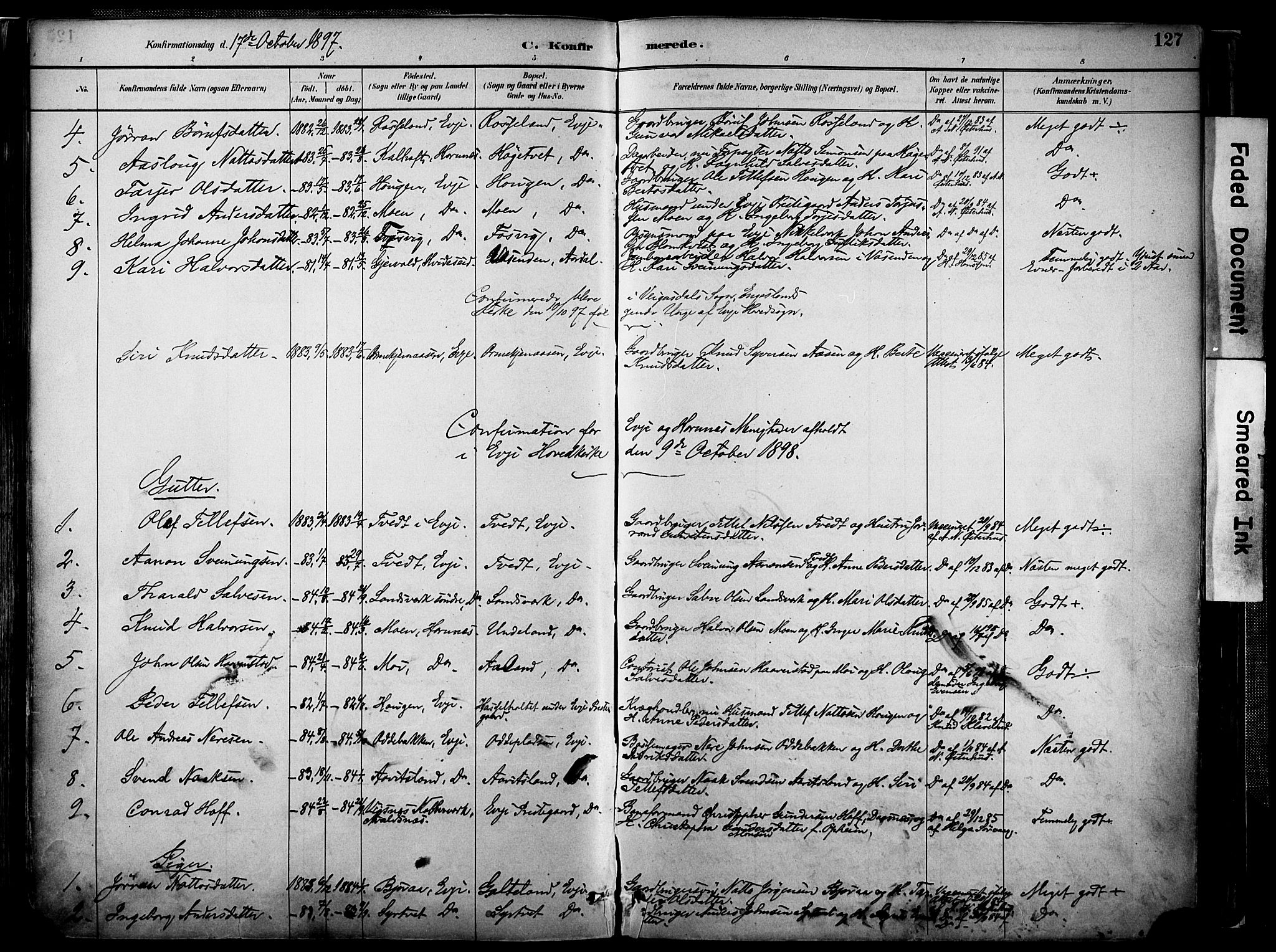 Evje sokneprestkontor, AV/SAK-1111-0008/F/Fa/Faa/L0007: Parish register (official) no. A 7, 1884-1909, p. 127