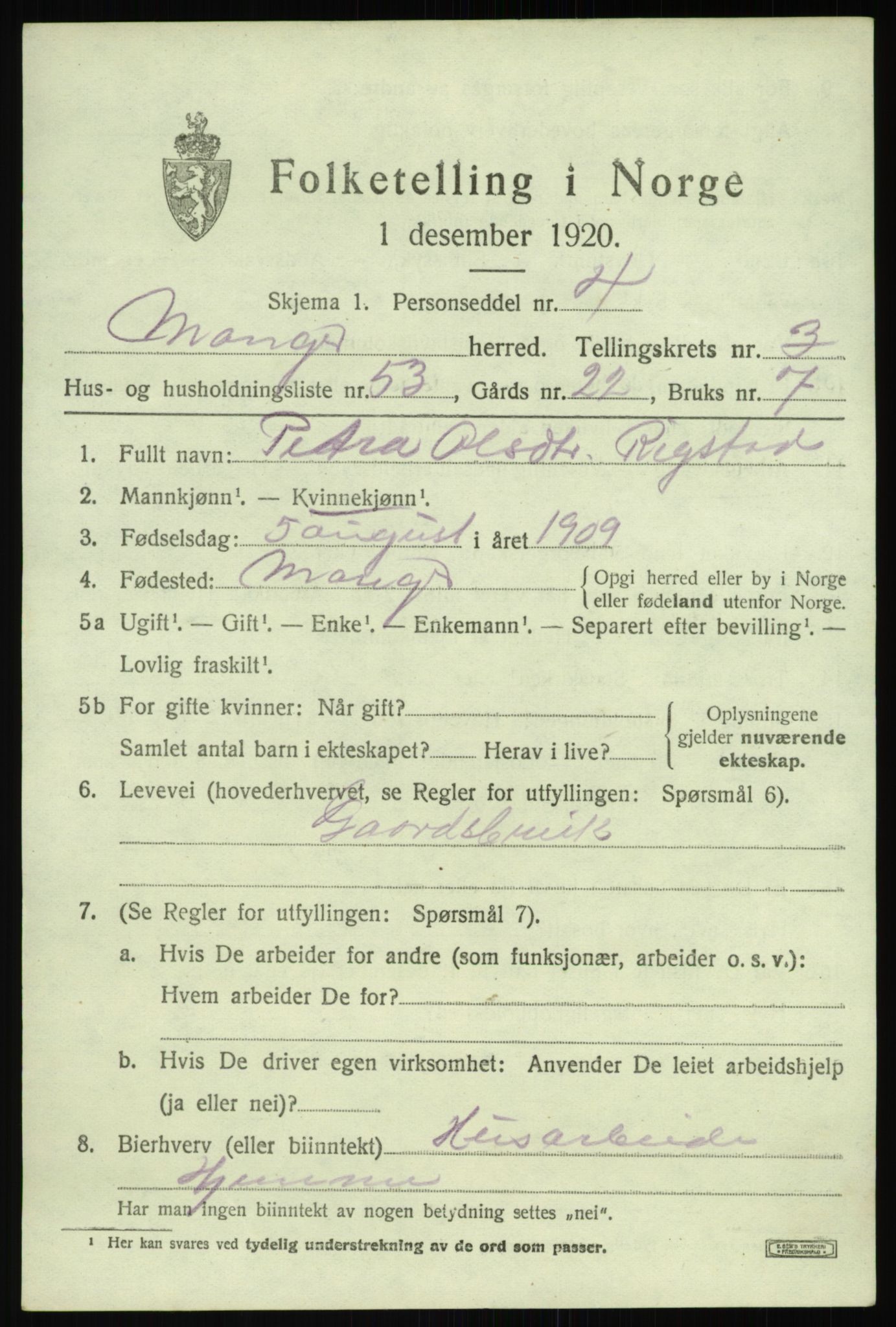 SAB, 1920 census for Manger, 1920, p. 2873