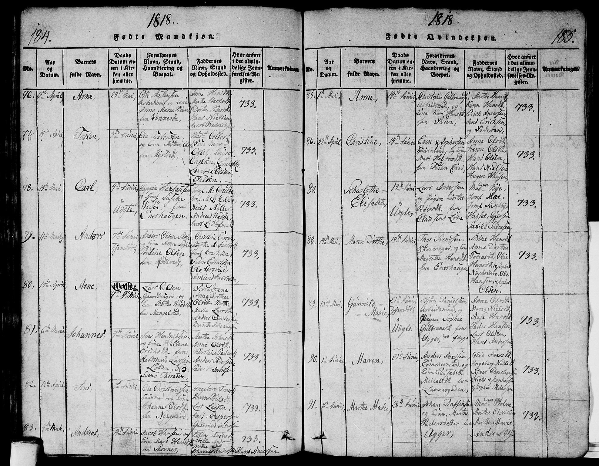 Aker prestekontor kirkebøker, SAO/A-10861/G/L0002: Parish register (copy) no. 2, 1815-1819, p. 184-185