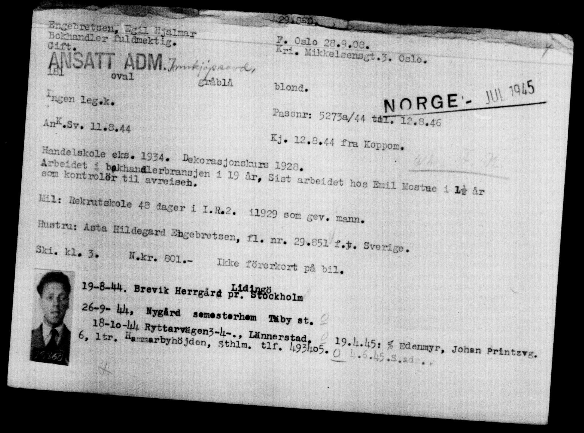 Utenriksstasjonene, Legasjonen i Stockholm, Flyktningkontoret, AV/RA-S-6753/V/Va/L0012: Kjesäterkartoteket, flyktninger med registreringsnr. 28300-31566, 1940-1945, p. 1705