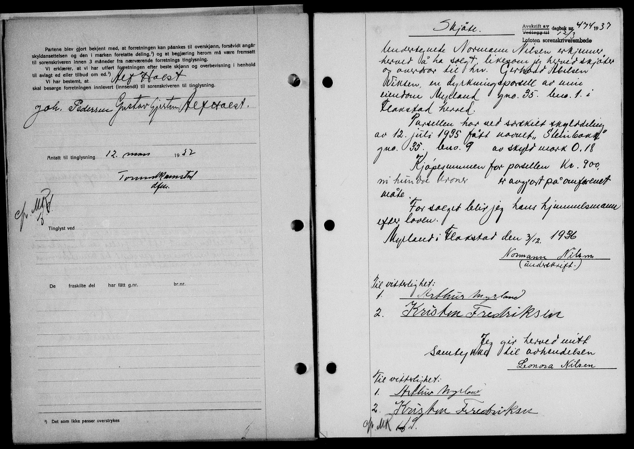 Lofoten sorenskriveri, SAT/A-0017/1/2/2C/L0002a: Mortgage book no. 2a, 1937-1937, Diary no: : 474/1937