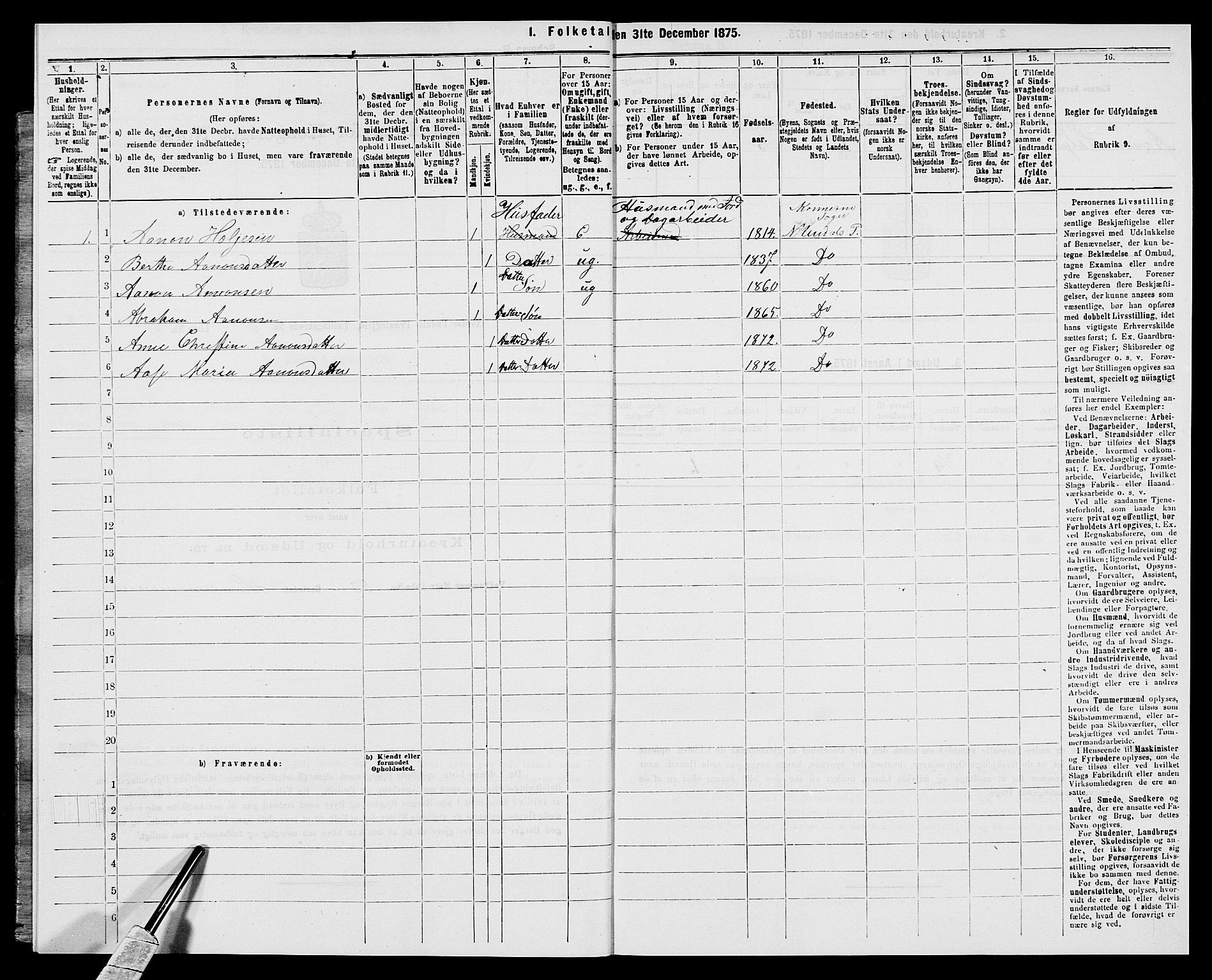 SAK, 1875 census for 1028P Nord-Audnedal, 1875, p. 607