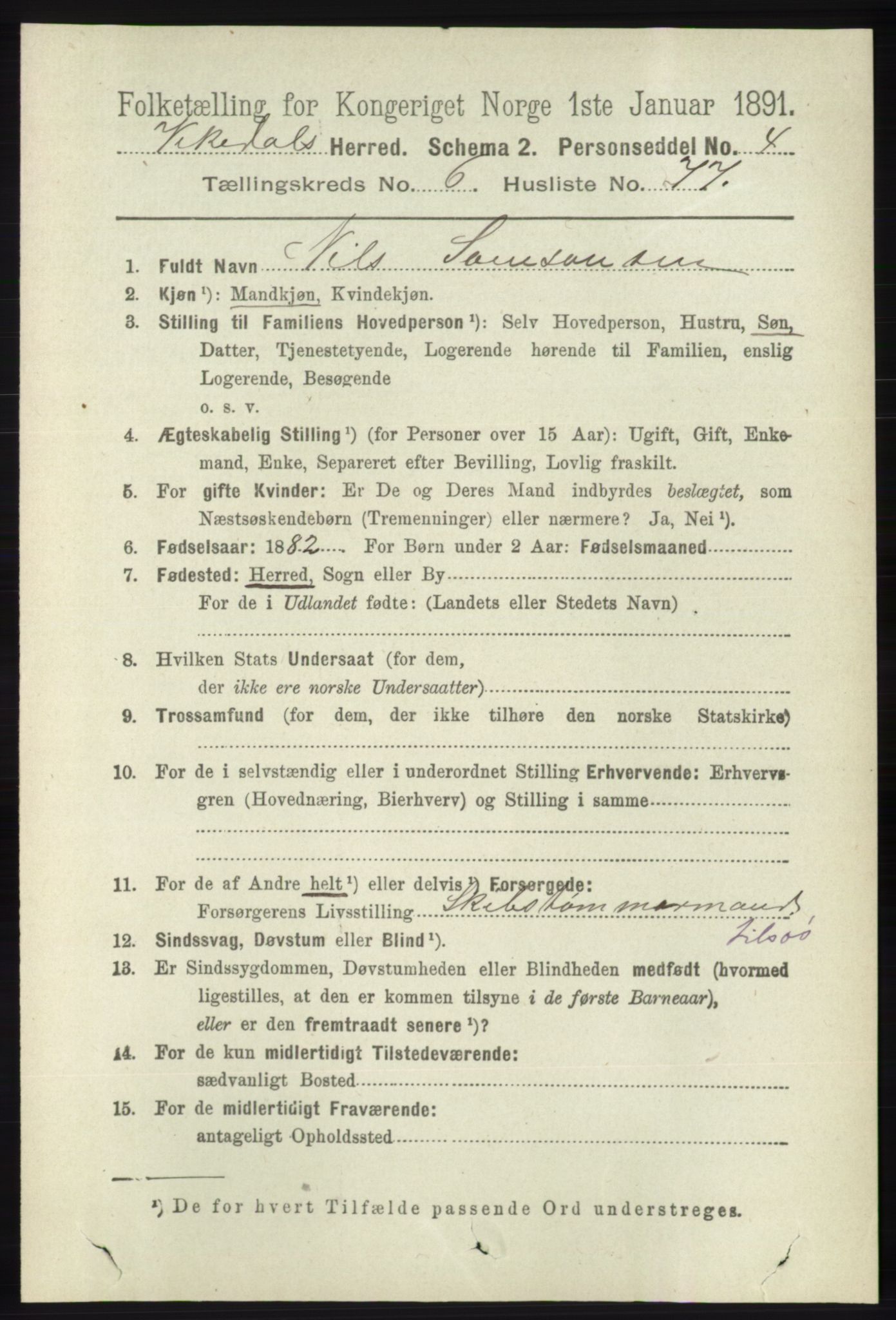 RA, 1891 census for 1157 Vikedal, 1891, p. 1986