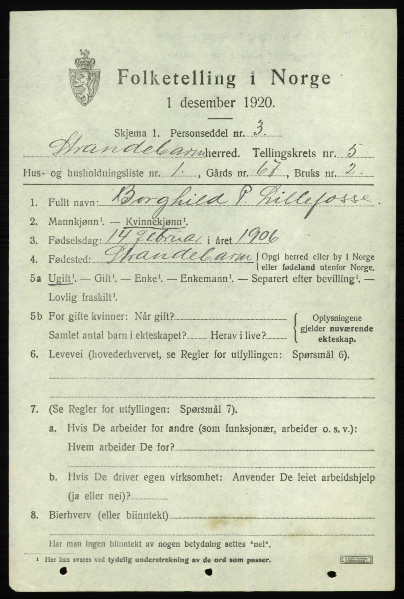 SAB, 1920 census for Strandebarm, 1920, p. 3772