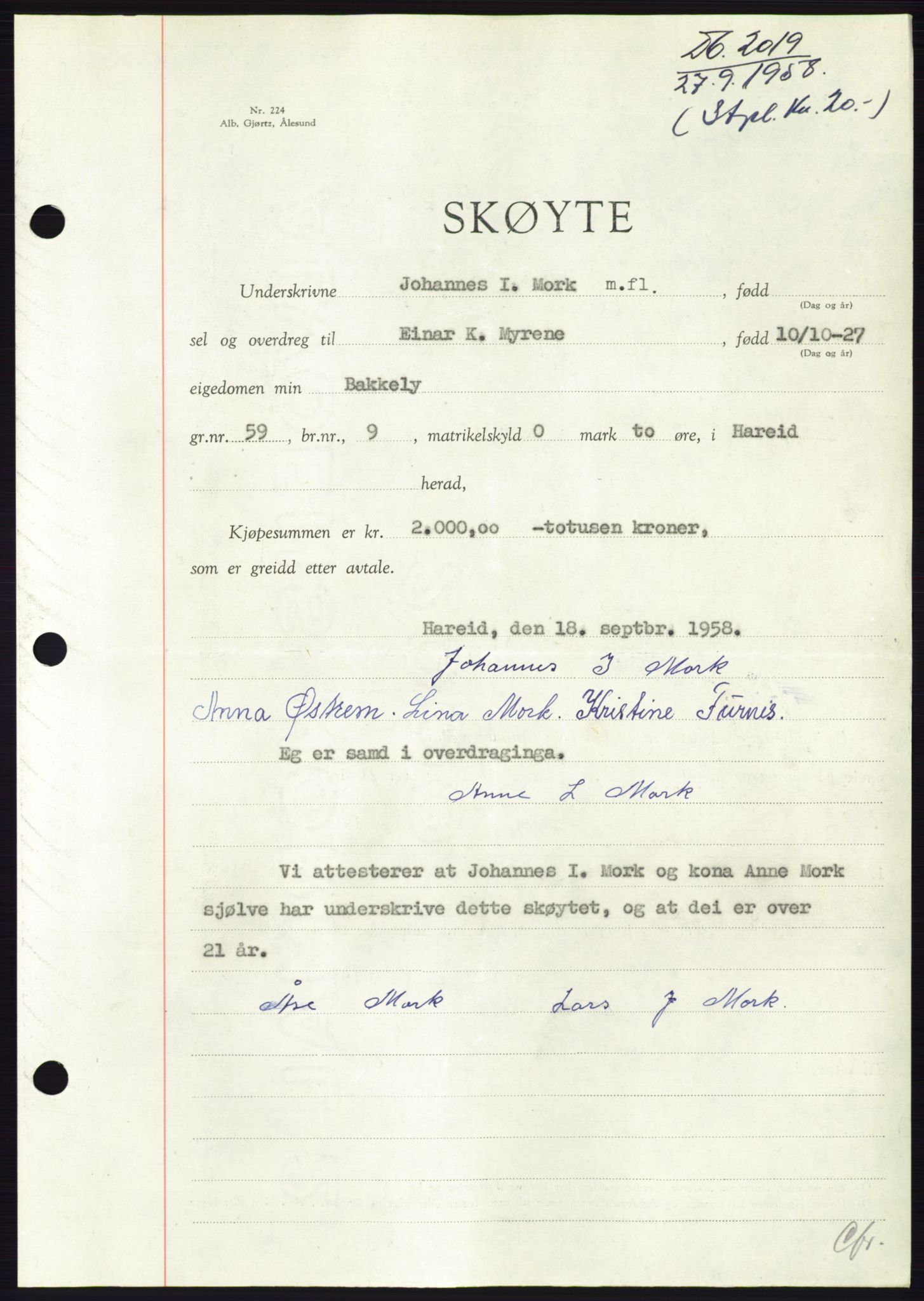 Søre Sunnmøre sorenskriveri, AV/SAT-A-4122/1/2/2C/L0110: Mortgage book no. 36A, 1958-1958, Diary no: : 2019/1958