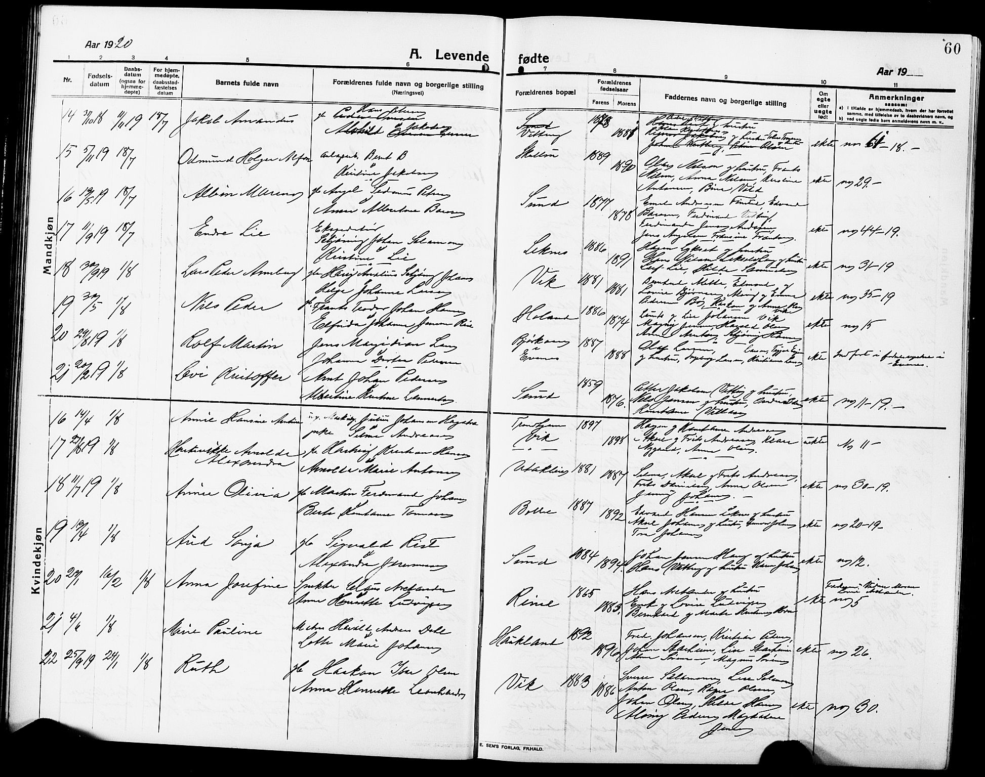 Ministerialprotokoller, klokkerbøker og fødselsregistre - Nordland, AV/SAT-A-1459/881/L1169: Parish register (copy) no. 881C06, 1912-1930, p. 60