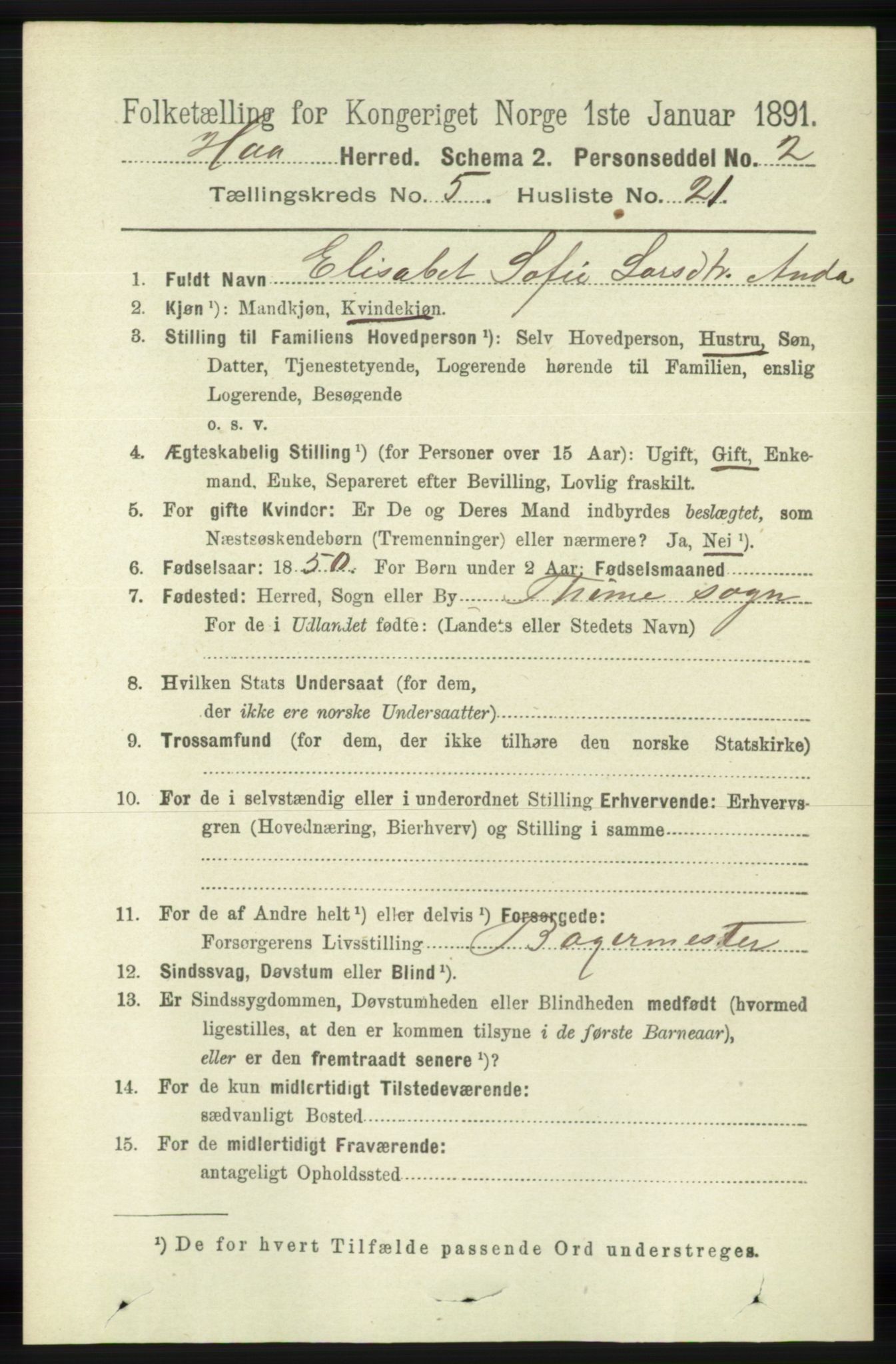 RA, 1891 census for 1119 Hå, 1891, p. 1483