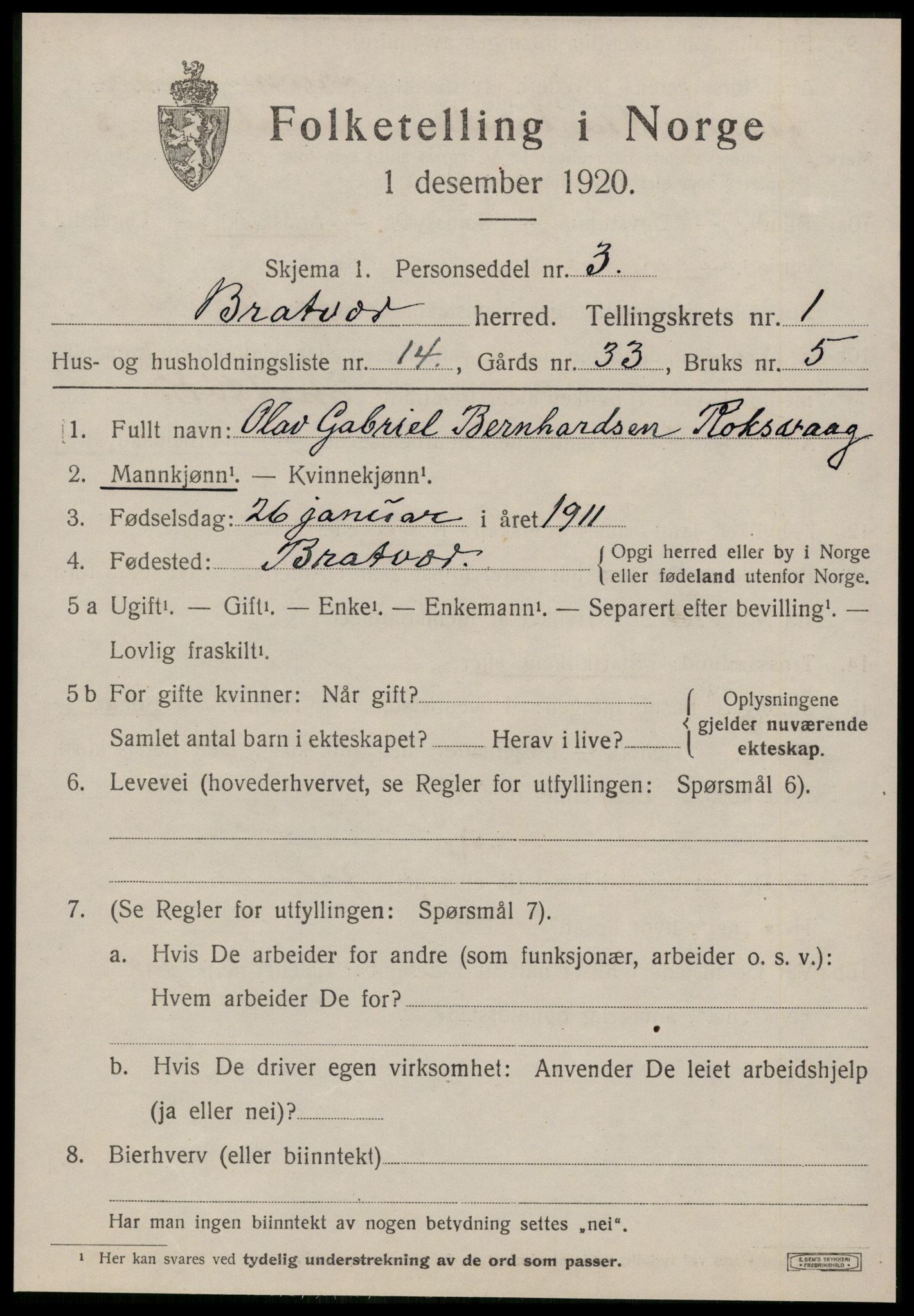 SAT, 1920 census for Brattvær, 1920, p. 778