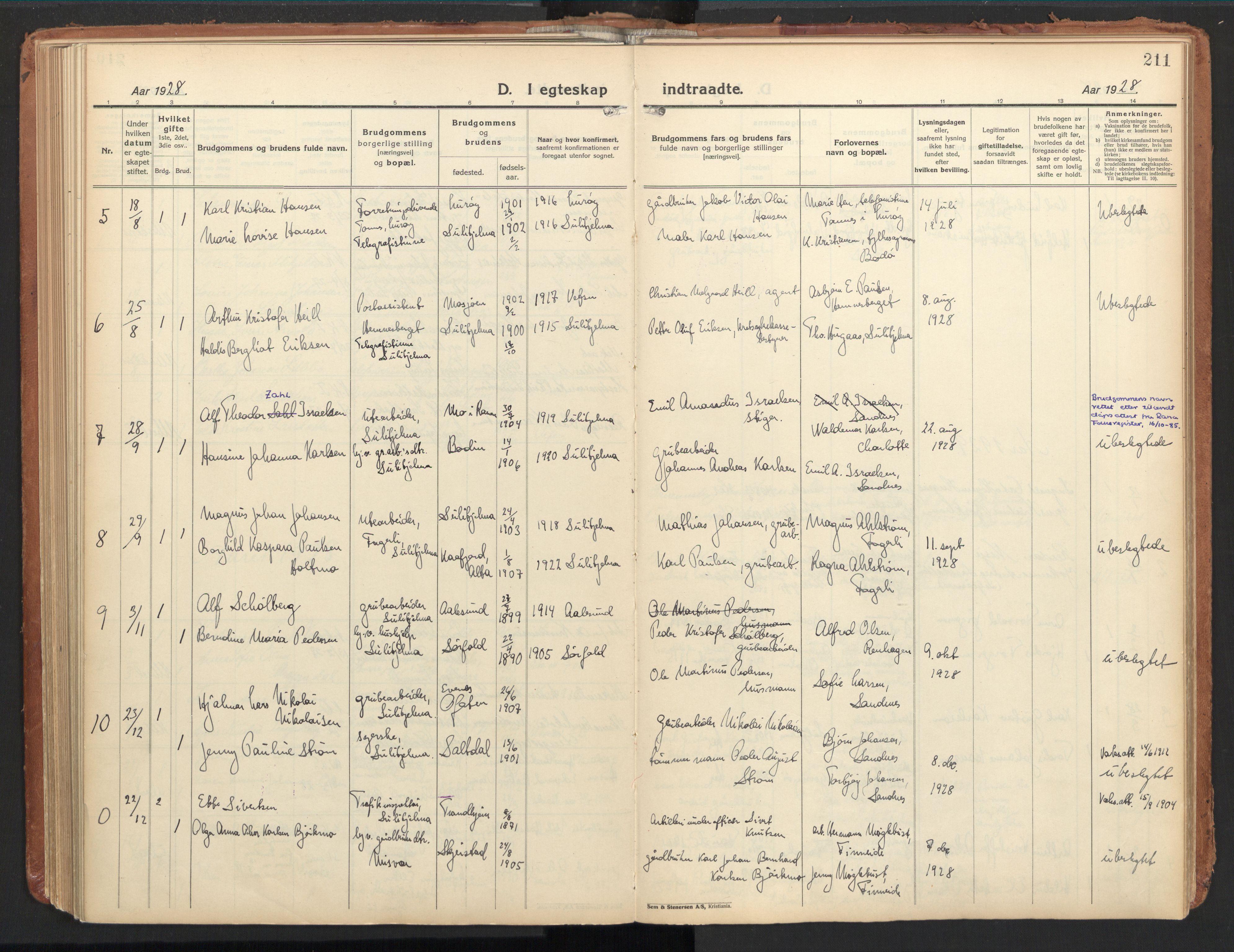 Ministerialprotokoller, klokkerbøker og fødselsregistre - Nordland, AV/SAT-A-1459/850/L0716: Curate's parish register no. 850B06, 1924-1938, p. 211