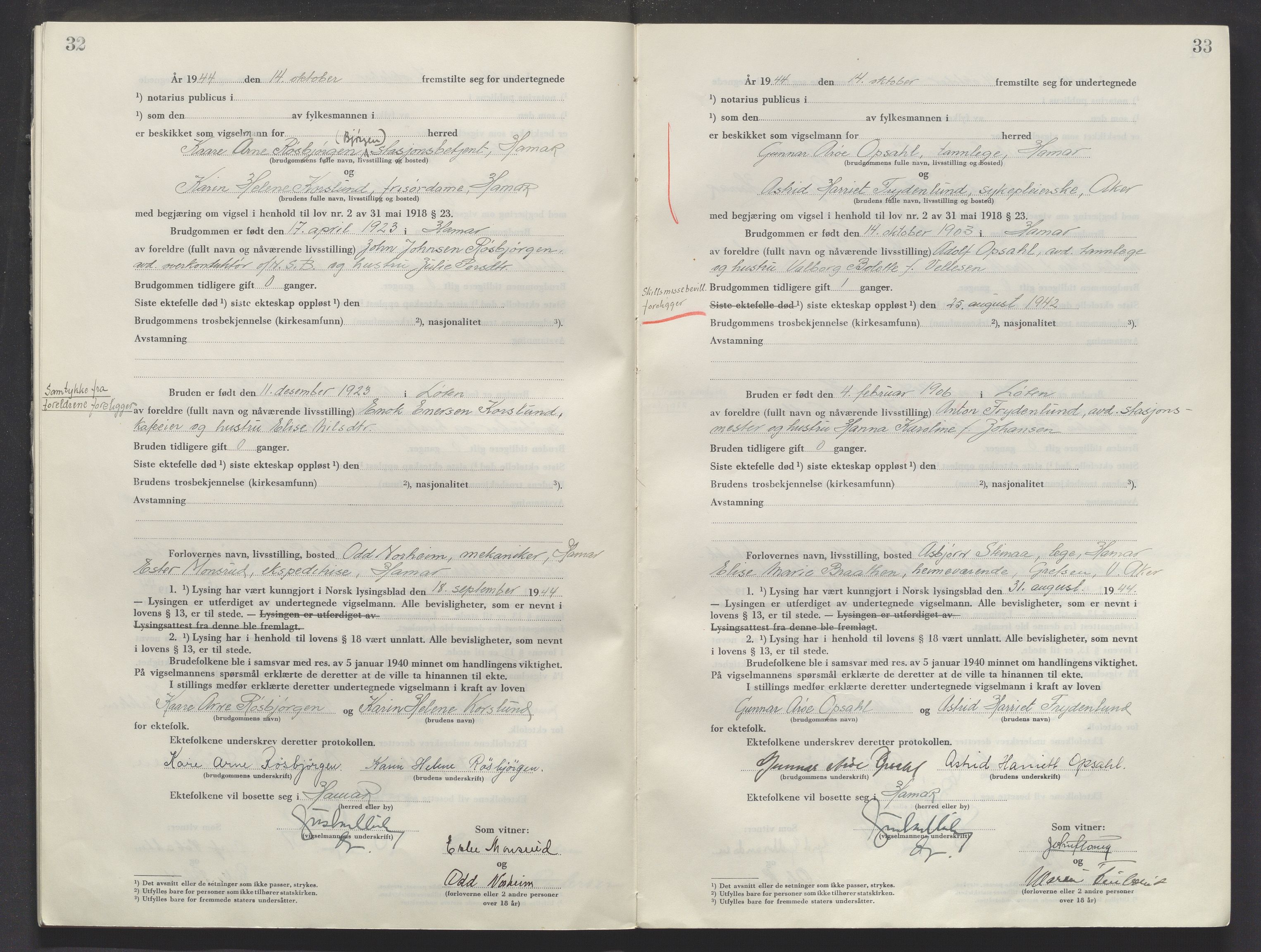 Sør-Hedmark sorenskriveri, AV/SAH-TING-014/L/Le/L0002/0001: Vigselsbøker / Vigselbok, 1944-1945, p. 32-33