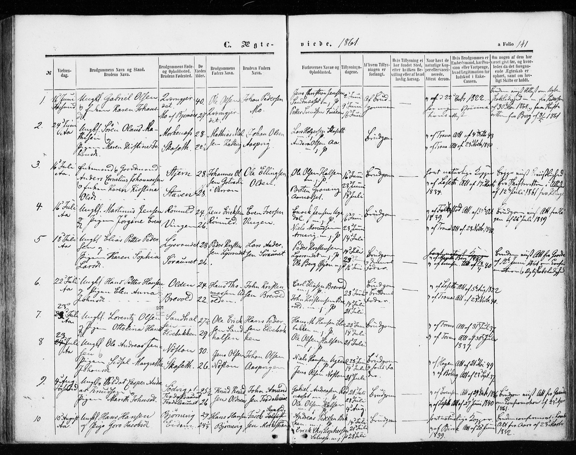 Ministerialprotokoller, klokkerbøker og fødselsregistre - Sør-Trøndelag, SAT/A-1456/655/L0678: Parish register (official) no. 655A07, 1861-1873, p. 141
