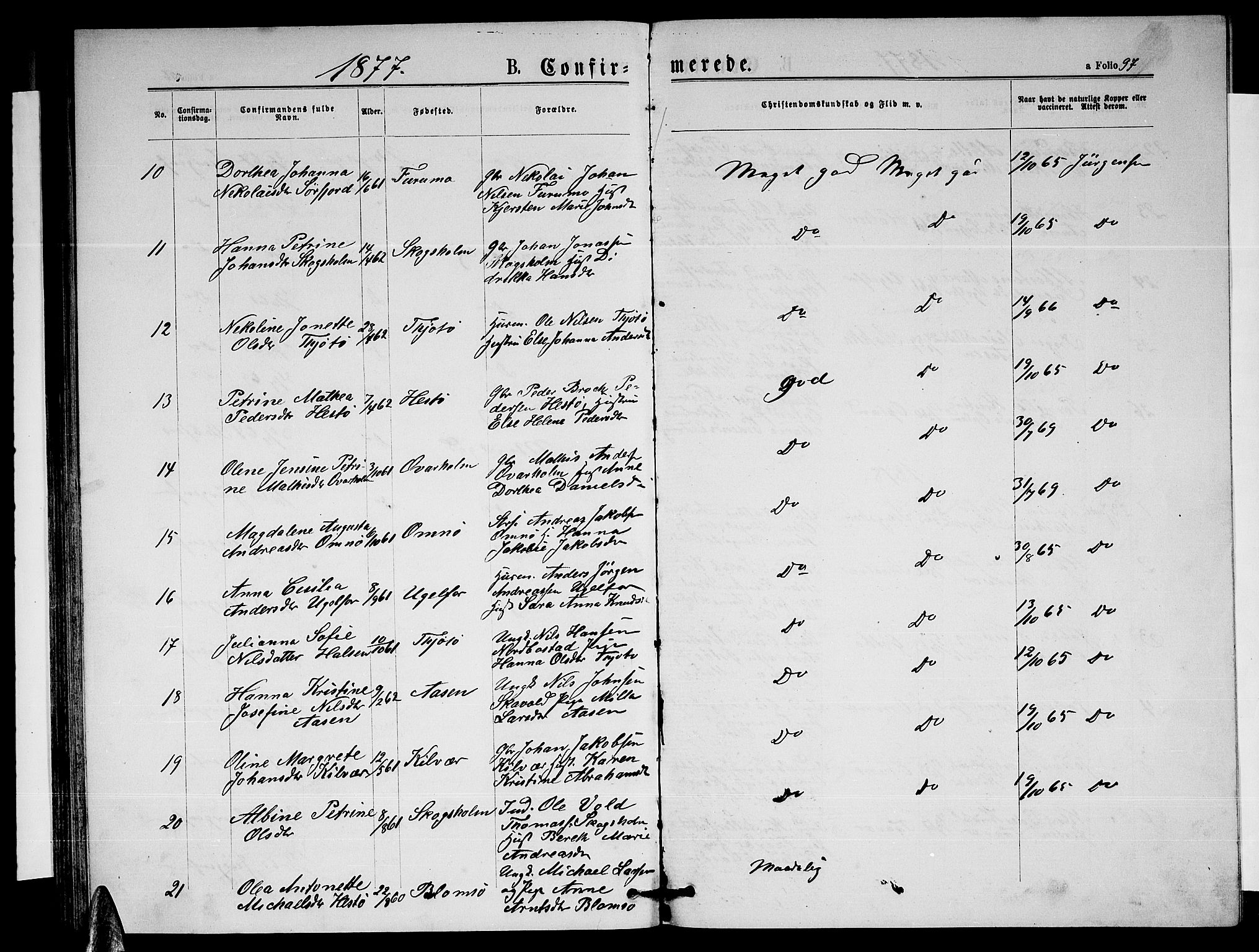 Ministerialprotokoller, klokkerbøker og fødselsregistre - Nordland, AV/SAT-A-1459/817/L0267: Parish register (copy) no. 817C02, 1870-1883, p. 97