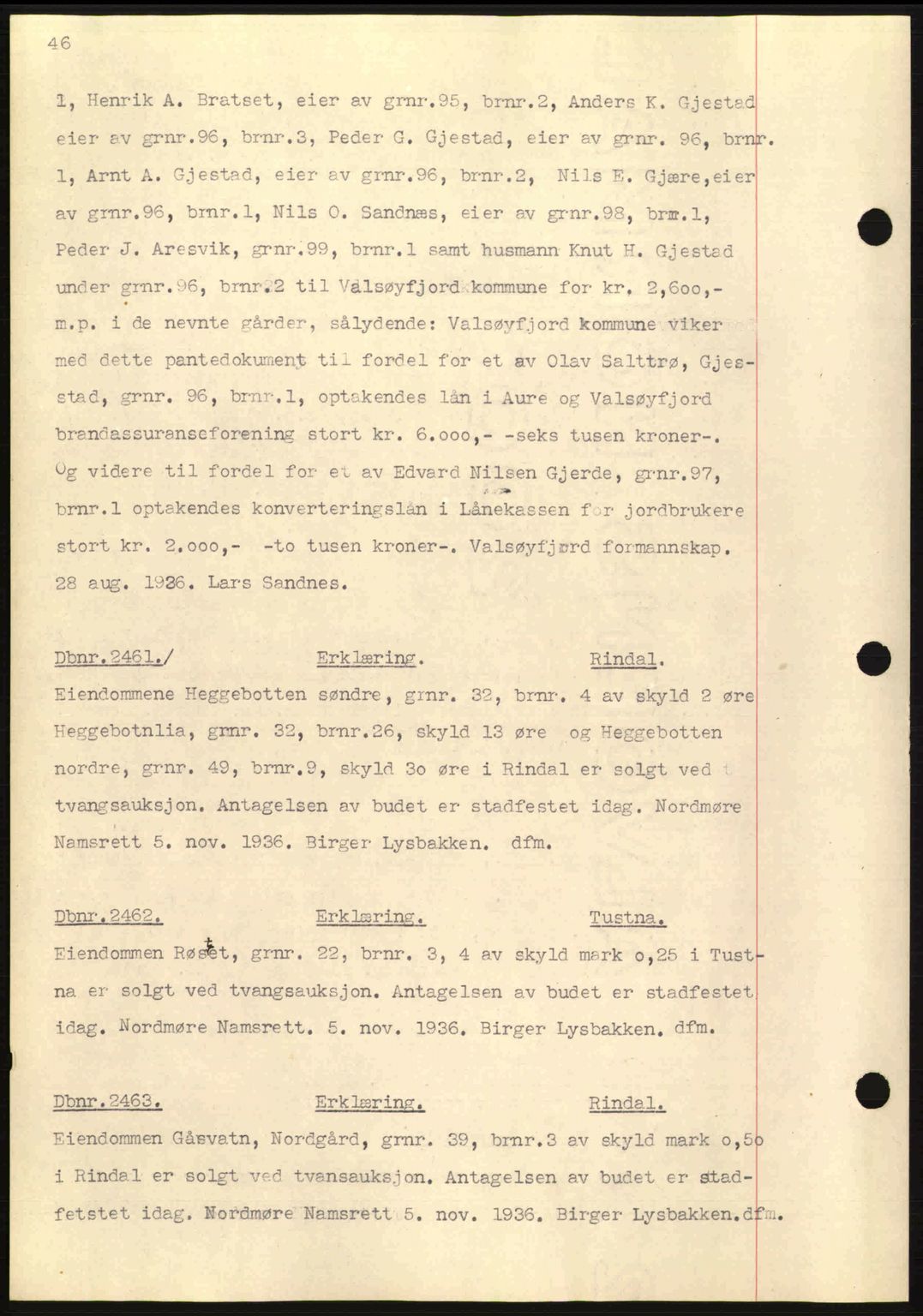 Nordmøre sorenskriveri, AV/SAT-A-4132/1/2/2Ca: Mortgage book no. C80, 1936-1939, Diary no: : 2461/1936