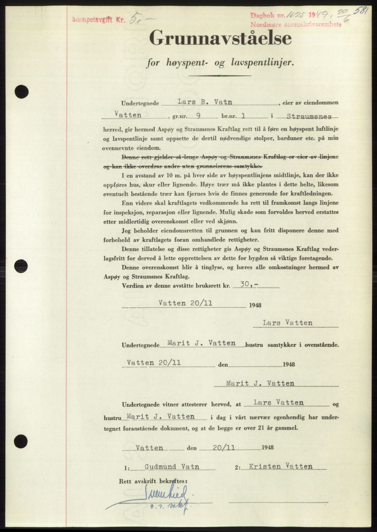 Nordmøre sorenskriveri, AV/SAT-A-4132/1/2/2Ca: Mortgage book no. B101, 1949-1949, Diary no: : 1625/1949