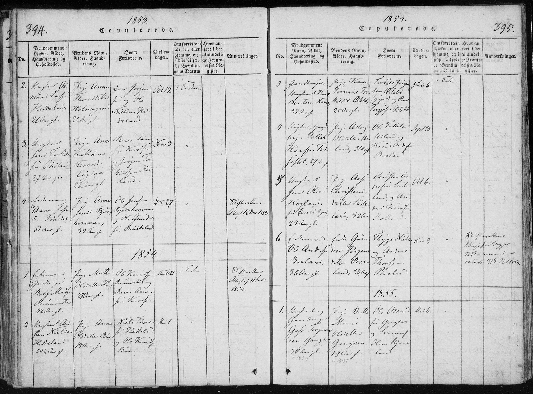 Holum sokneprestkontor, AV/SAK-1111-0022/F/Fa/Fac/L0002: Parish register (official) no. A 2, 1821-1859, p. 394-395