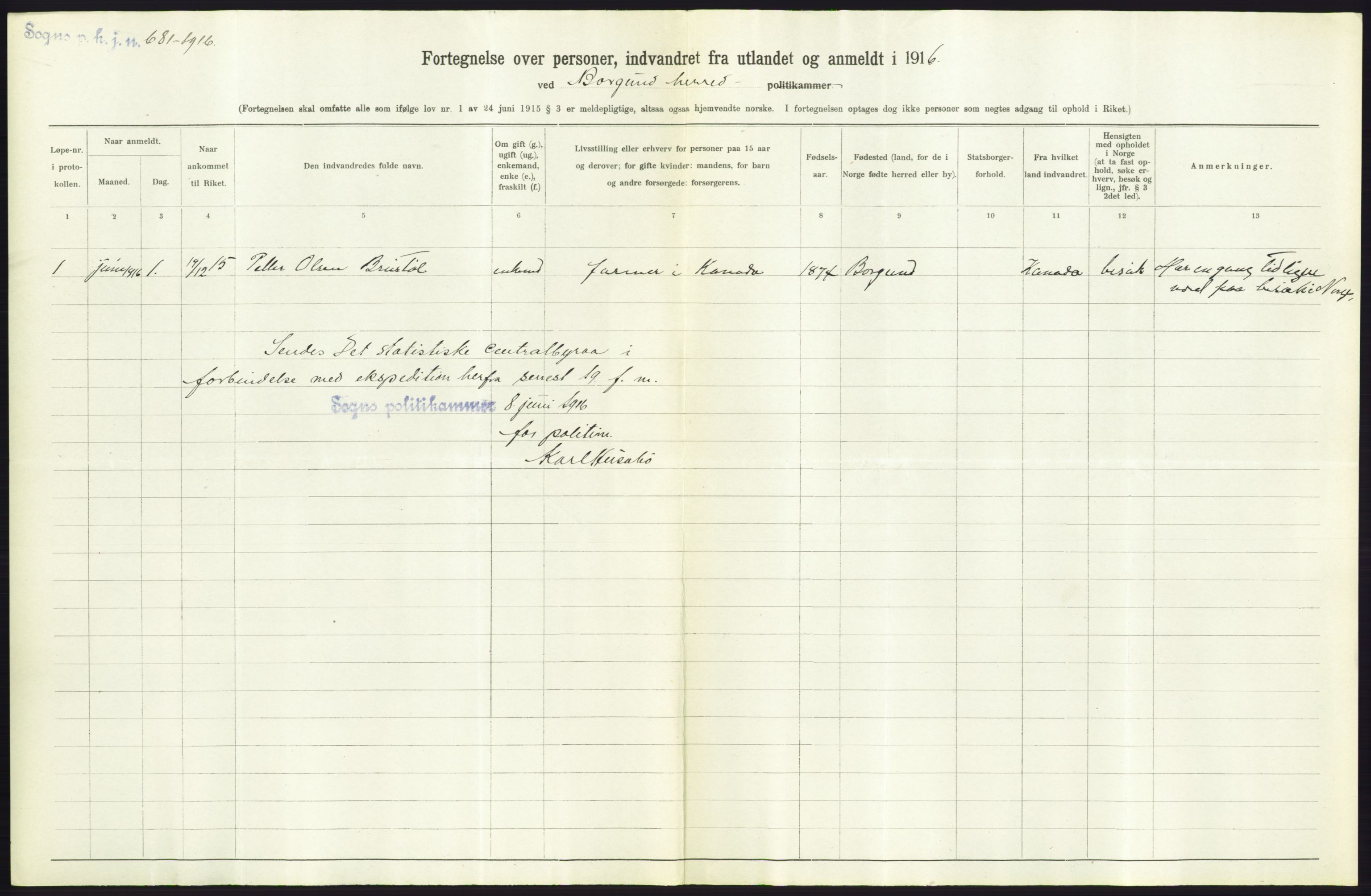 Statistisk sentralbyrå, Sosioøkonomiske emner, Folketellinger, boliger og boforhold, AV/RA-S-2231/F/Fa/L0001: Innvandring. Navn/fylkesvis, 1915, p. 448