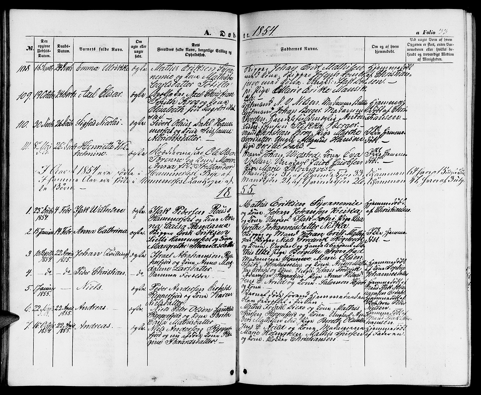 Hammerfest sokneprestkontor, SATØ/S-1347/H/Hb/L0002.klokk: Parish register (copy) no. 2, 1851-1861, p. 33