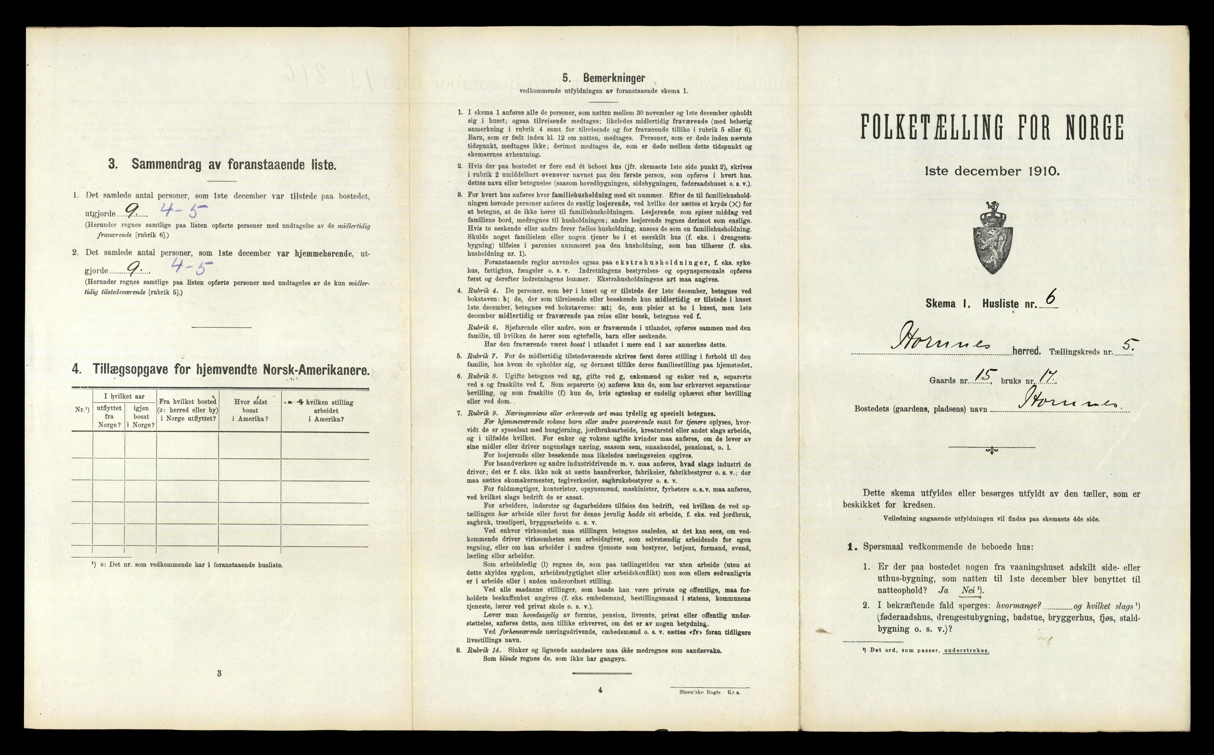 RA, 1910 census for Hornnes, 1910, p. 264