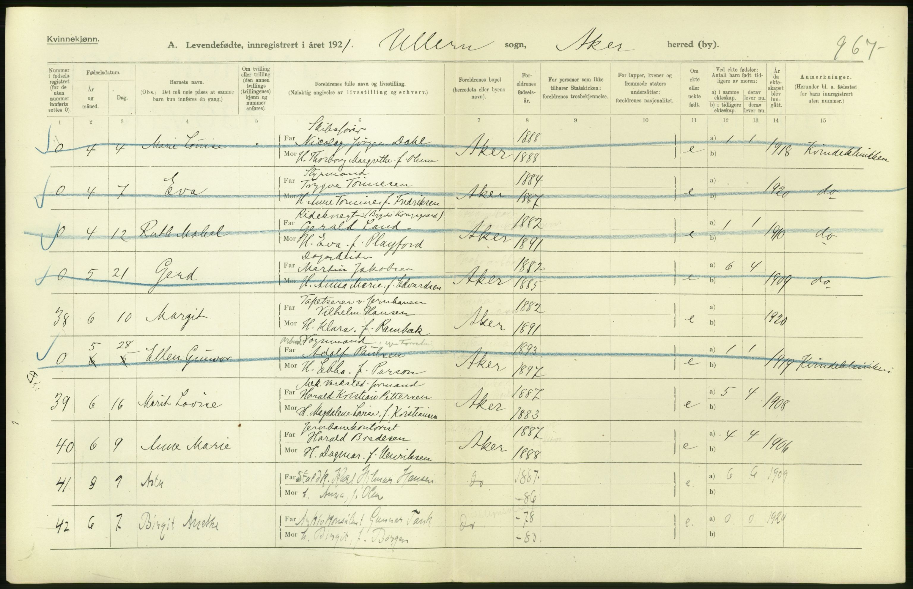 Statistisk sentralbyrå, Sosiodemografiske emner, Befolkning, AV/RA-S-2228/D/Df/Dfc/Dfca/L0004: Akershus fylke: Levendefødte menn og kvinner. Bygder., 1921, p. 52