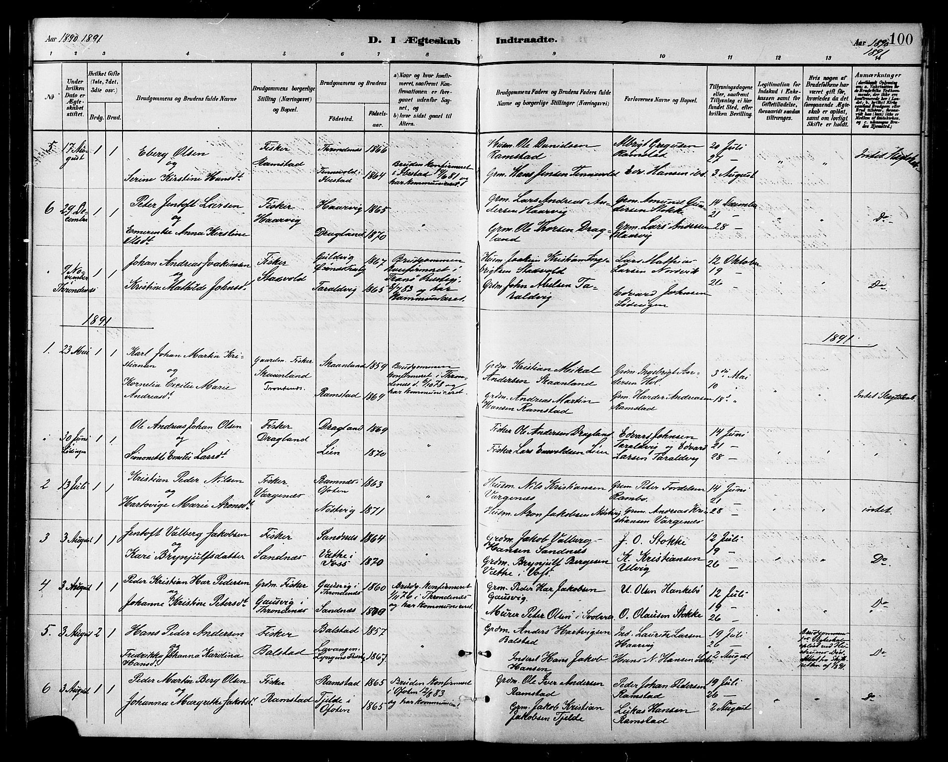 Ministerialprotokoller, klokkerbøker og fødselsregistre - Nordland, AV/SAT-A-1459/865/L0924: Parish register (official) no. 865A02, 1885-1896, p. 100