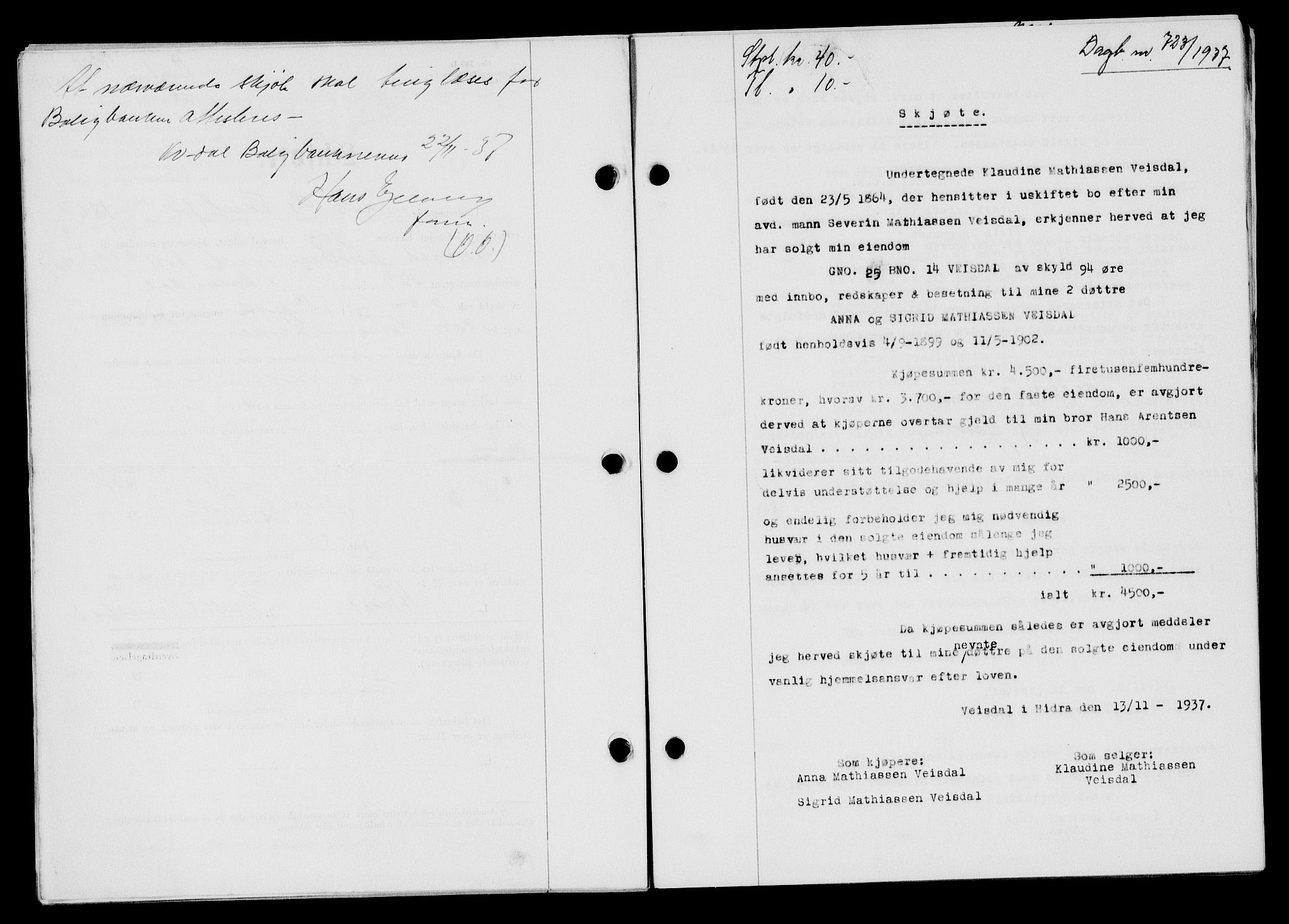 Flekkefjord sorenskriveri, AV/SAK-1221-0001/G/Gb/Gba/L0054: Mortgage book no. A-2, 1937-1938, Diary no: : 723/1937