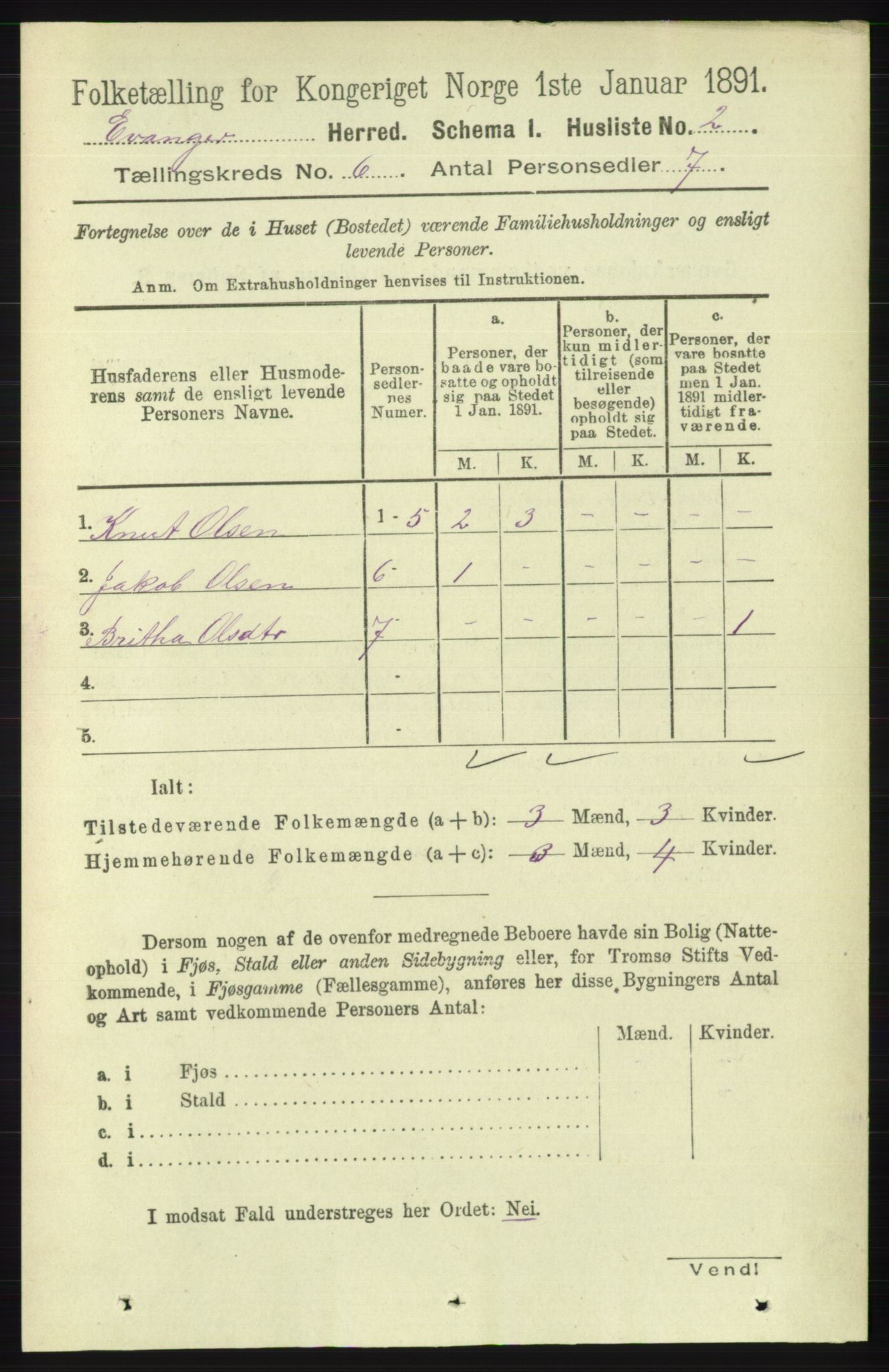 RA, 1891 census for 1237 Evanger, 1891, p. 1581