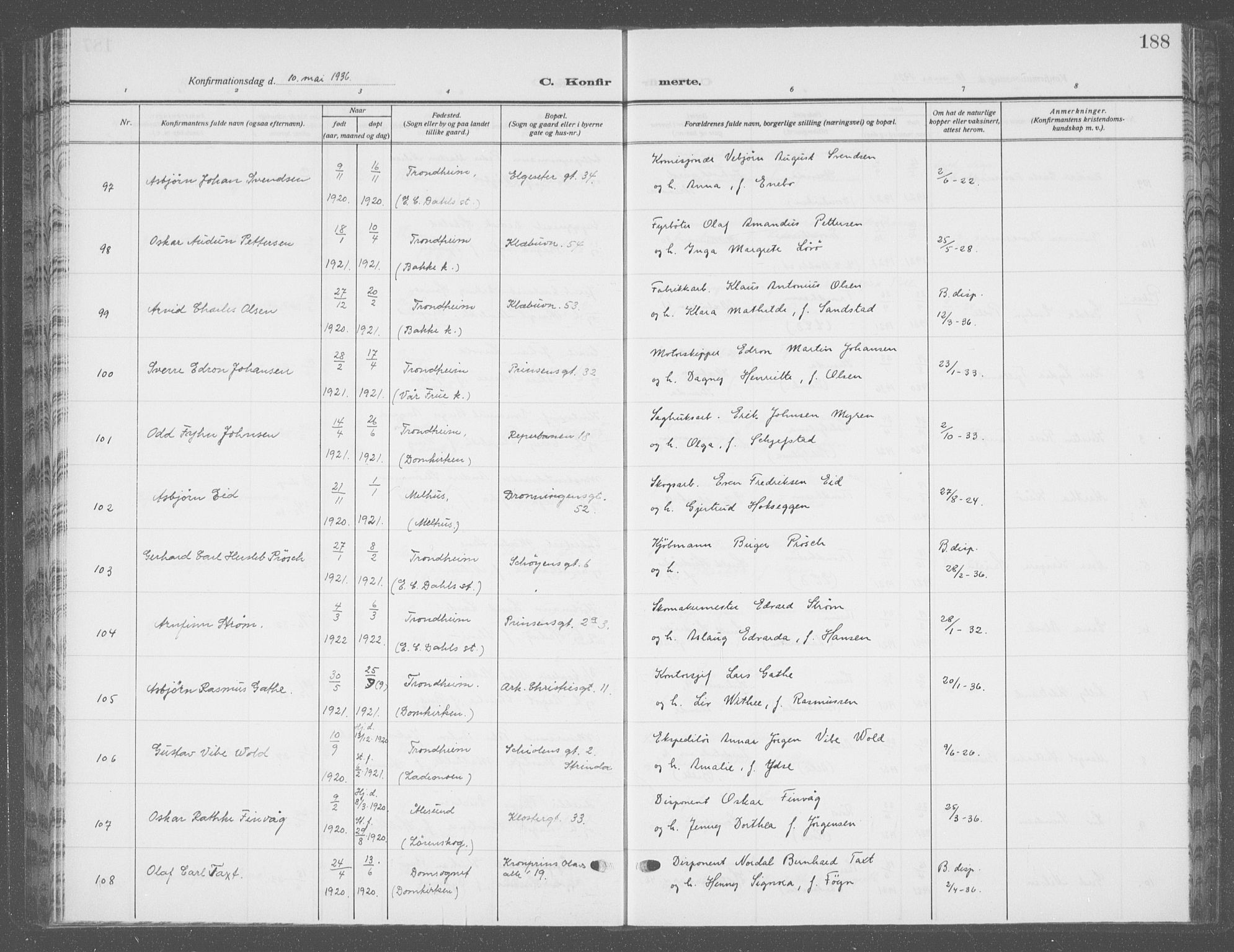 Ministerialprotokoller, klokkerbøker og fødselsregistre - Sør-Trøndelag, SAT/A-1456/601/L0099: Parish register (copy) no. 601C17, 1928-1941, p. 188