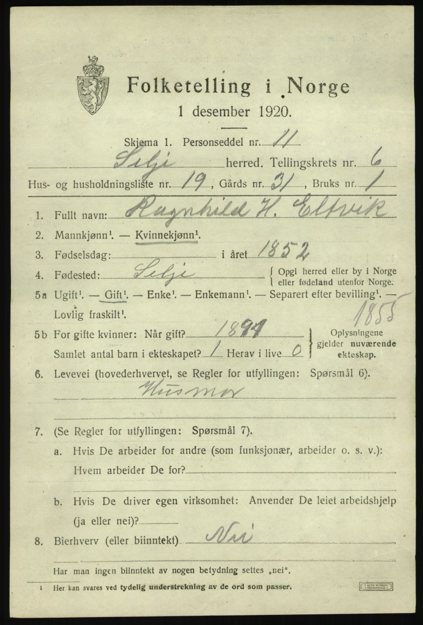 SAB, 1920 census for Selje, 1920, p. 3589