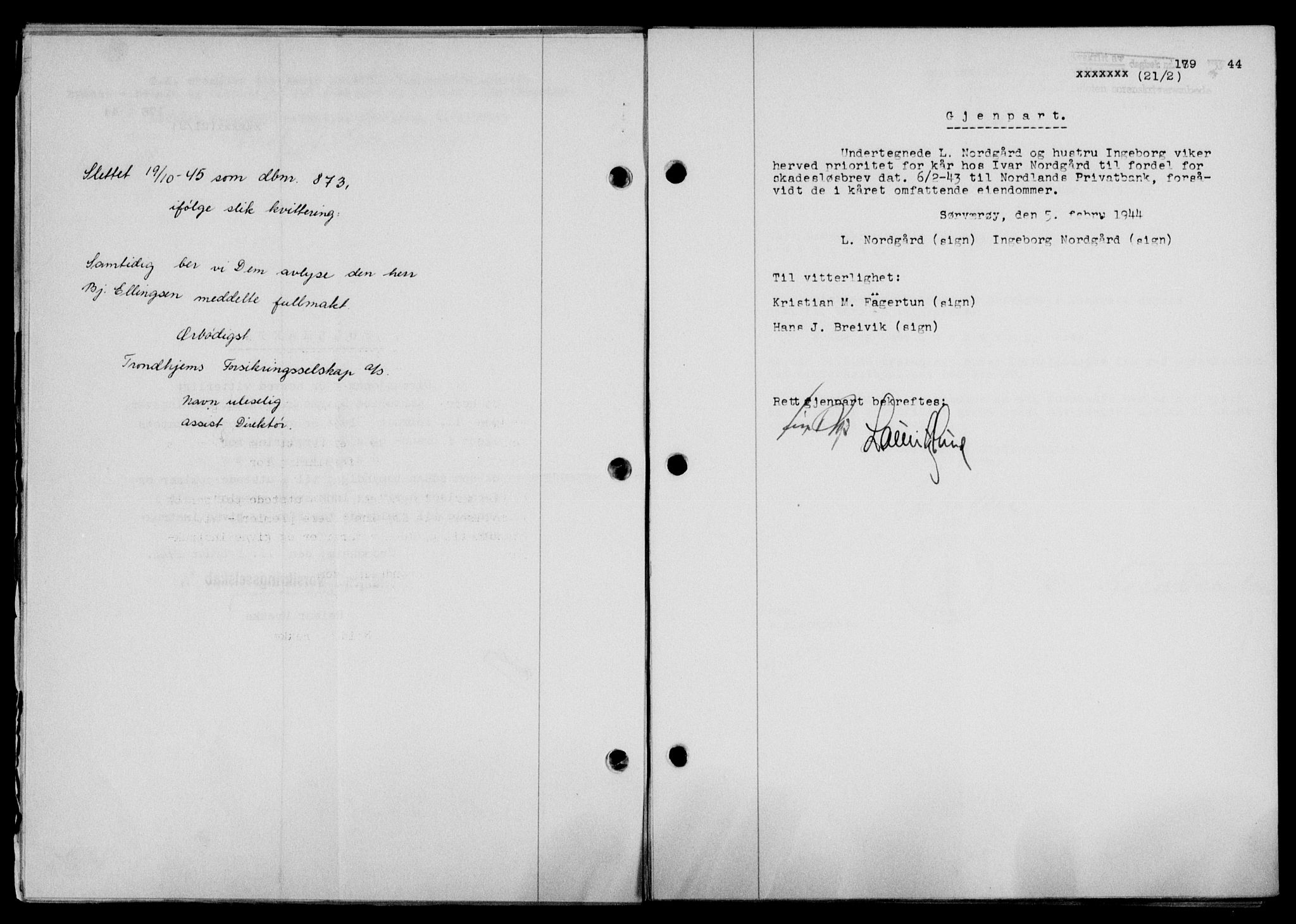 Lofoten sorenskriveri, SAT/A-0017/1/2/2C/L0012a: Mortgage book no. 12a, 1943-1944, Diary no: : 179/1944
