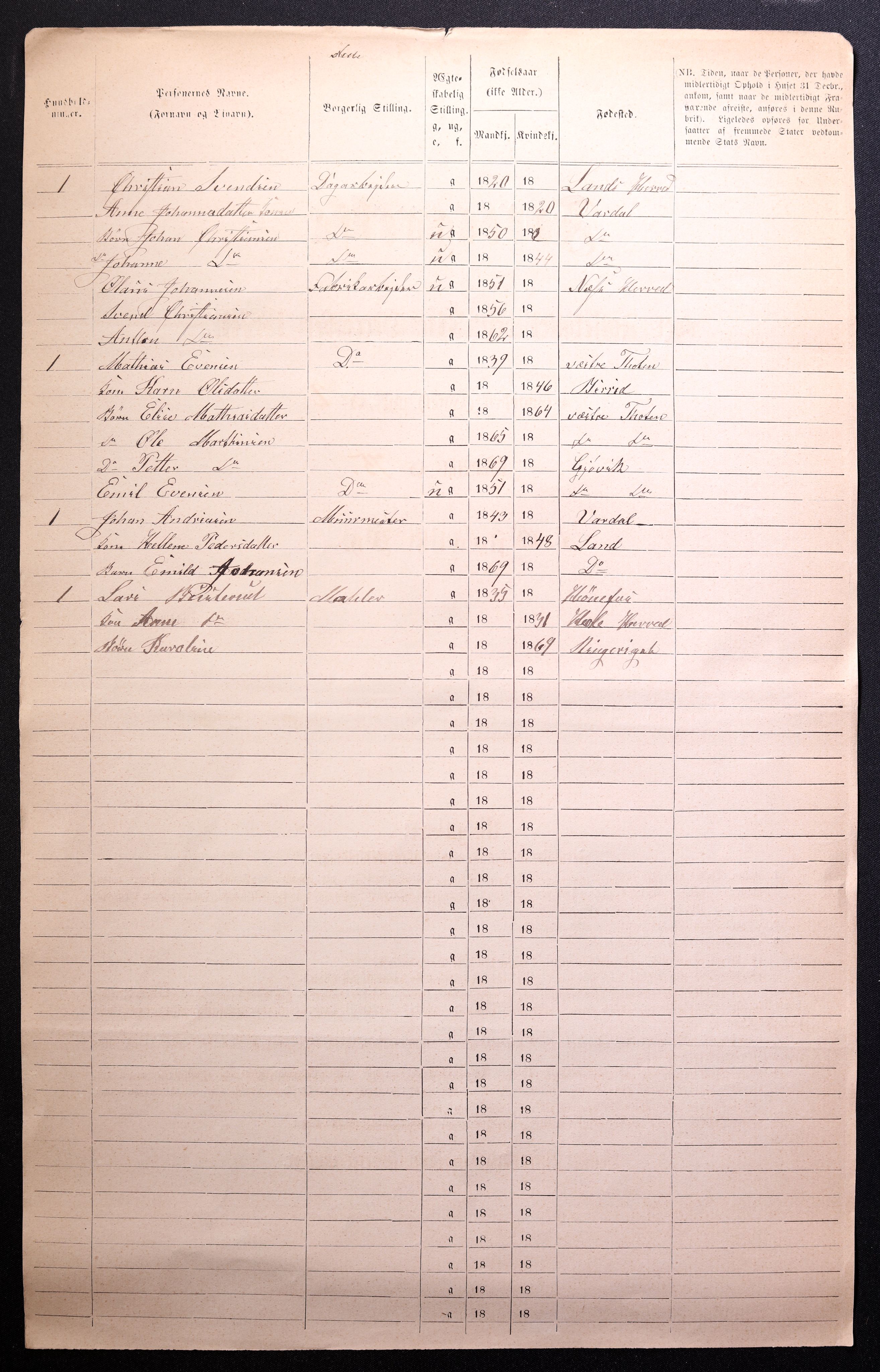 RA, 1870 census for 0502 Gjøvik, 1870, p. 8