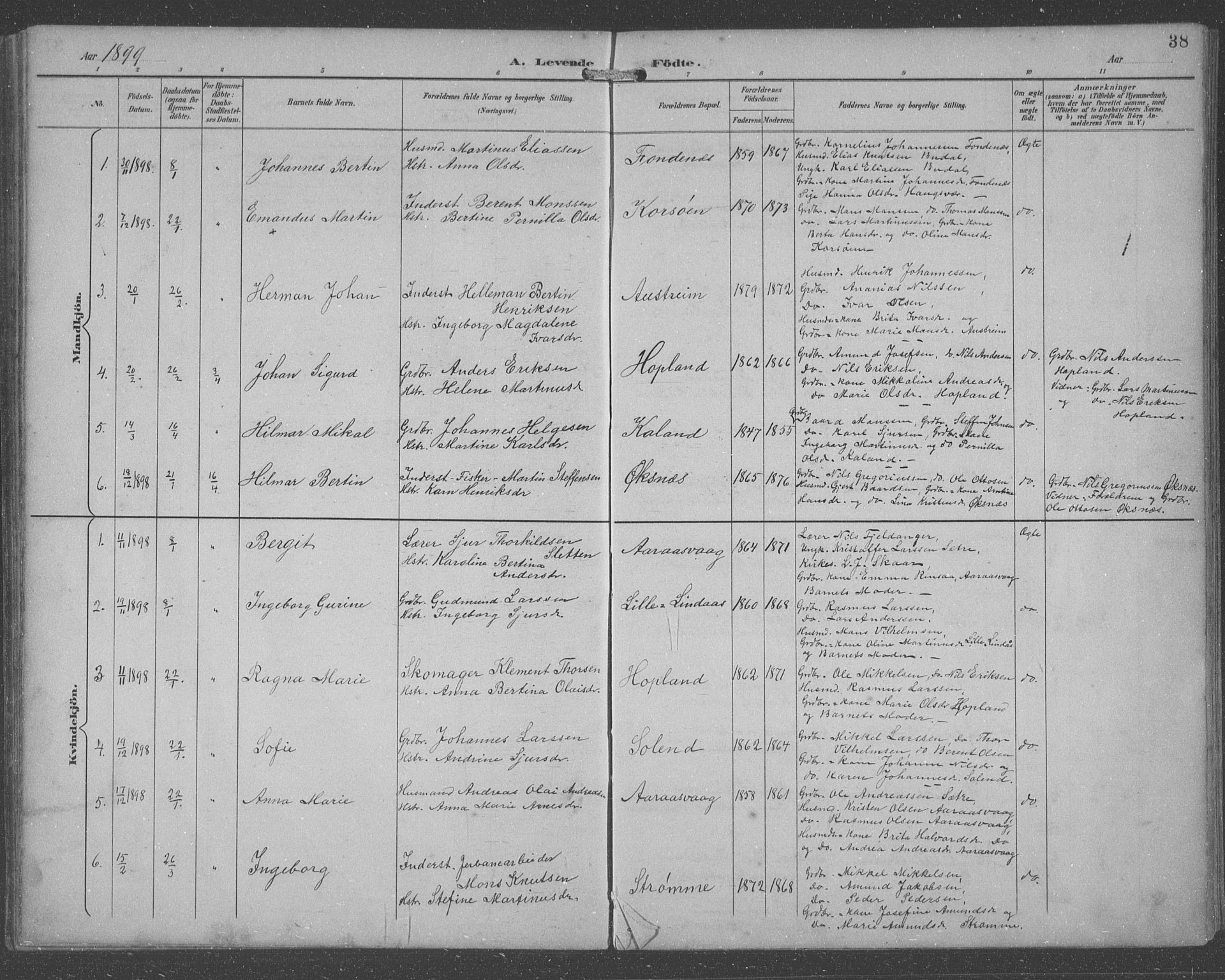 Lindås Sokneprestembete, SAB/A-76701/H/Hab: Parish register (copy) no. C 4, 1894-1910, p. 38