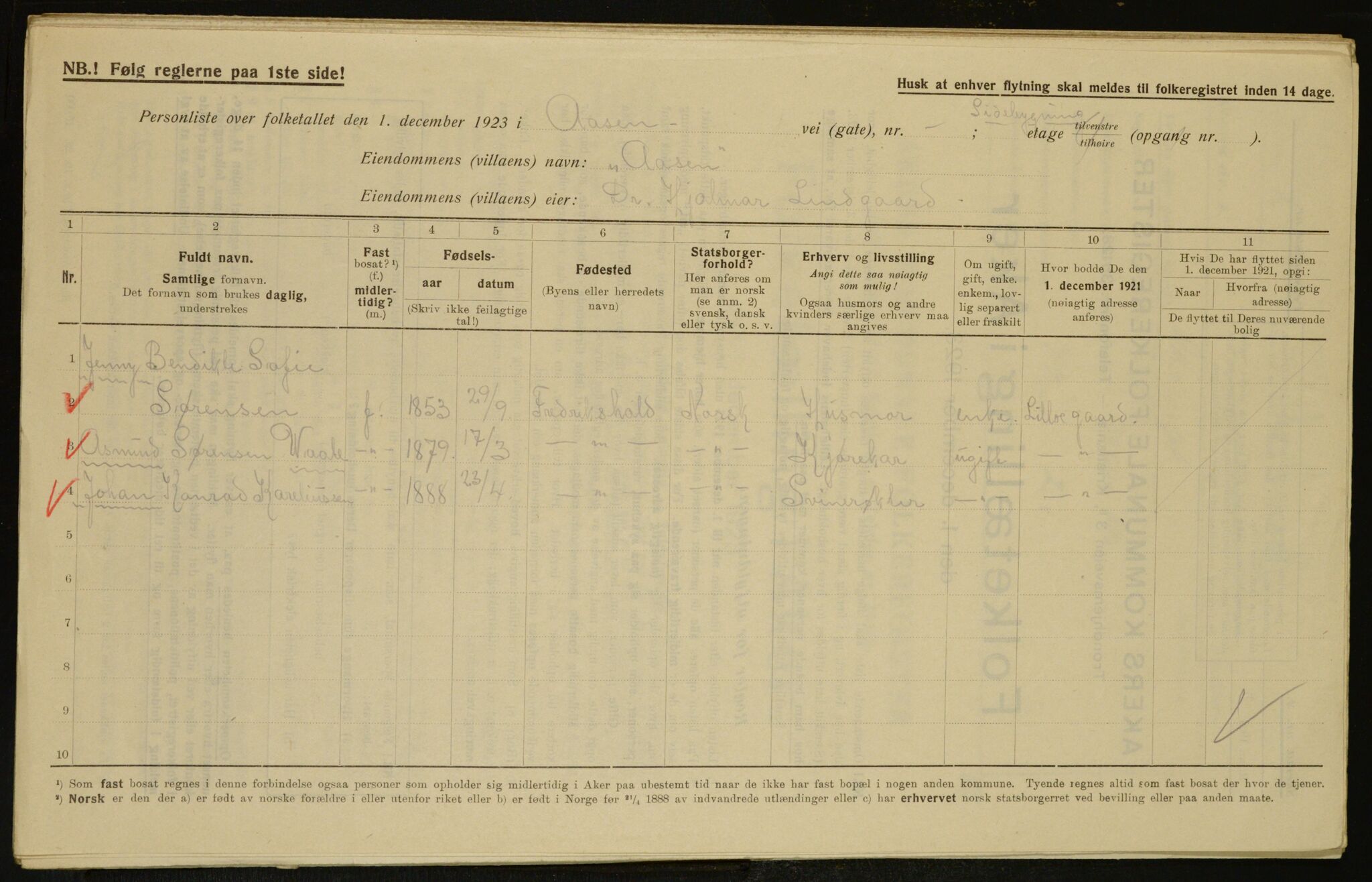 , Municipal Census 1923 for Aker, 1923, p. 7396