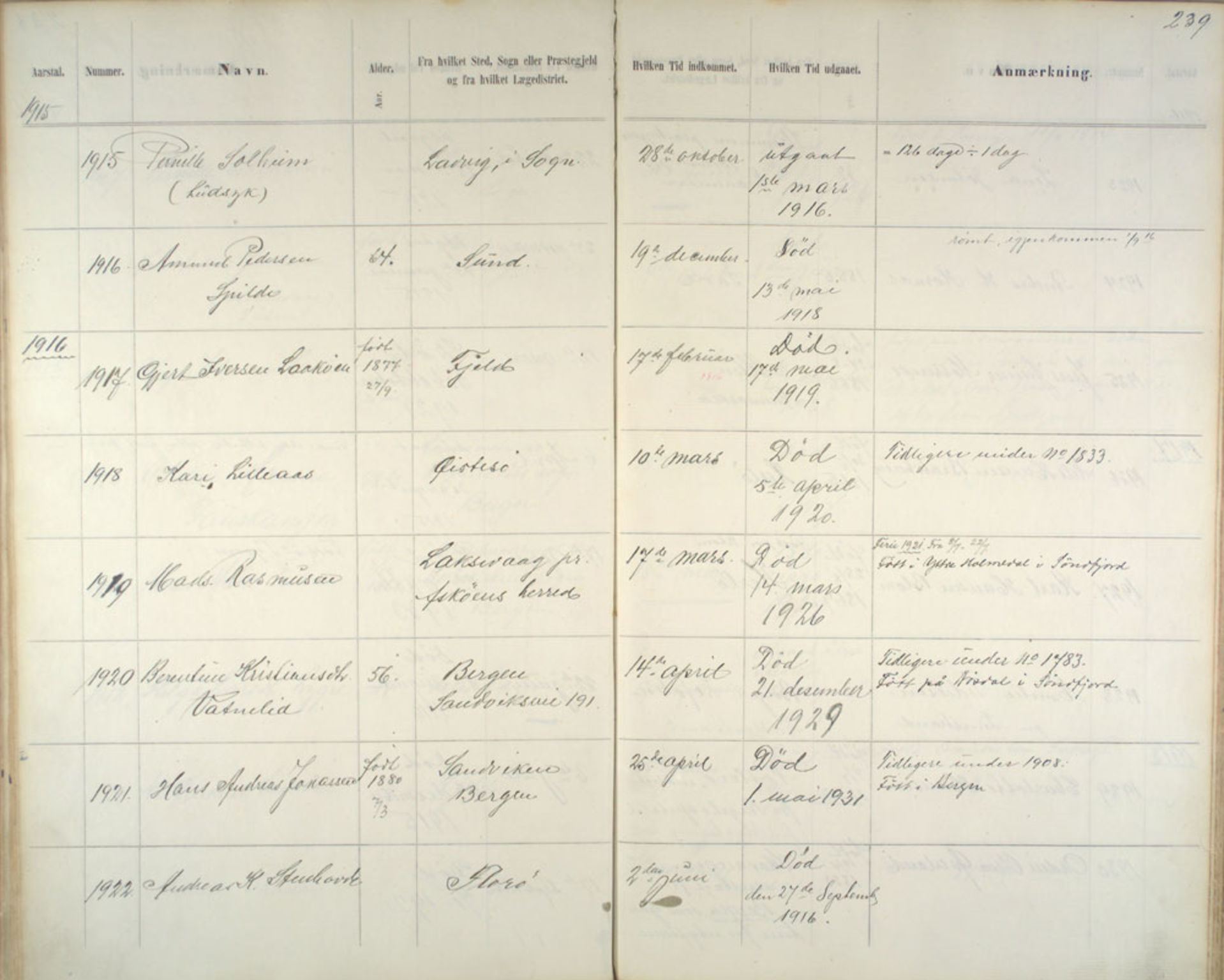 Lepraarkiver - Pleiestiftelsen for spedalske no.1, AV/SAB-A-60601/C/L0005: Av- og tilgangsliste, 1857-1955, p. 239