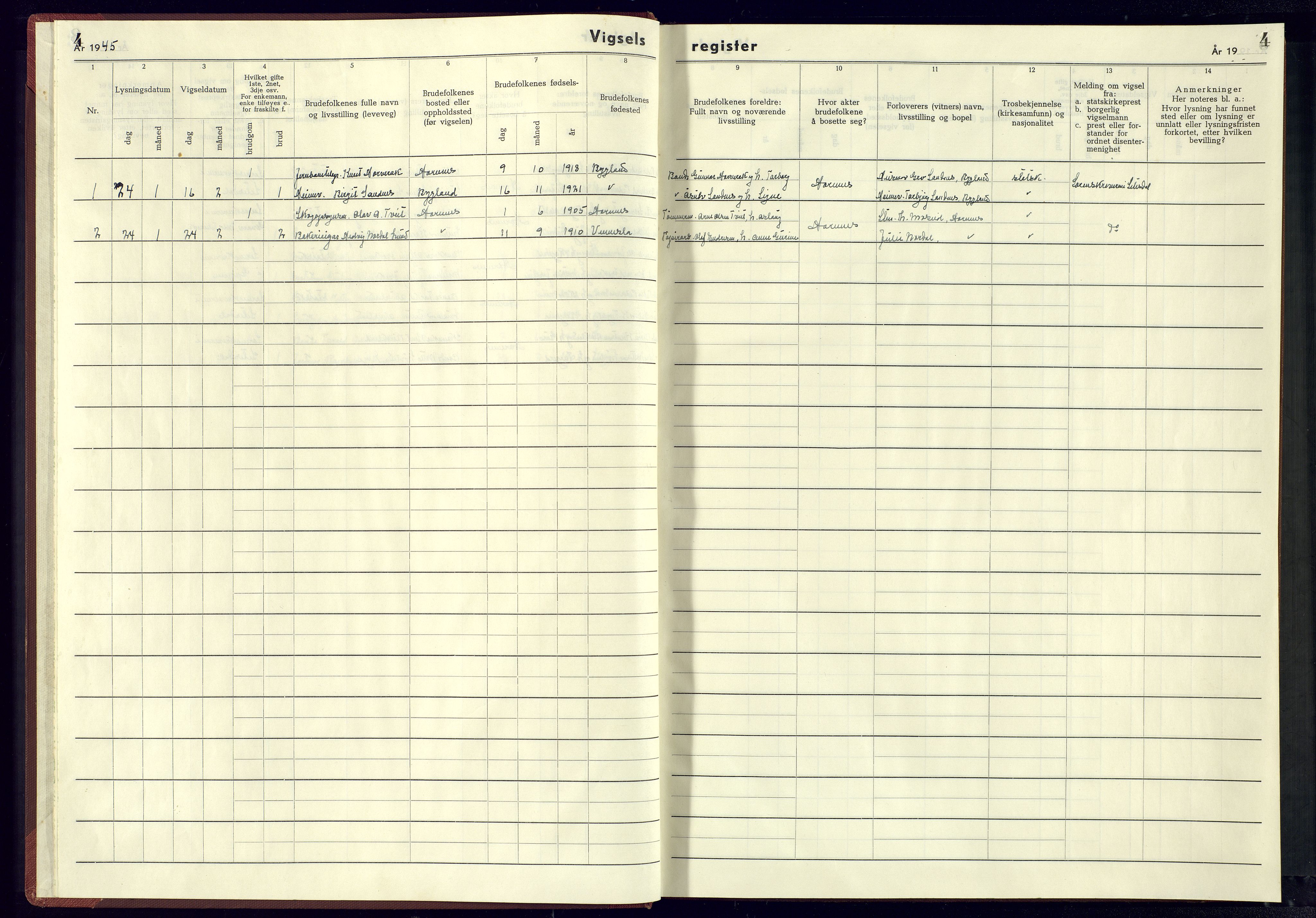 Evje sokneprestkontor, SAK/1111-0008/J/Je/L0005: Marriage register no. II.6.5, 1942-1945, p. 4