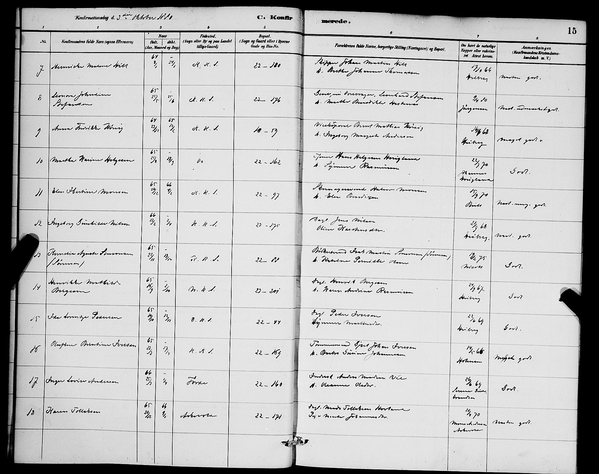 Korskirken sokneprestembete, AV/SAB-A-76101/H/Hab: Parish register (copy) no. C 3, 1880-1892, p. 15