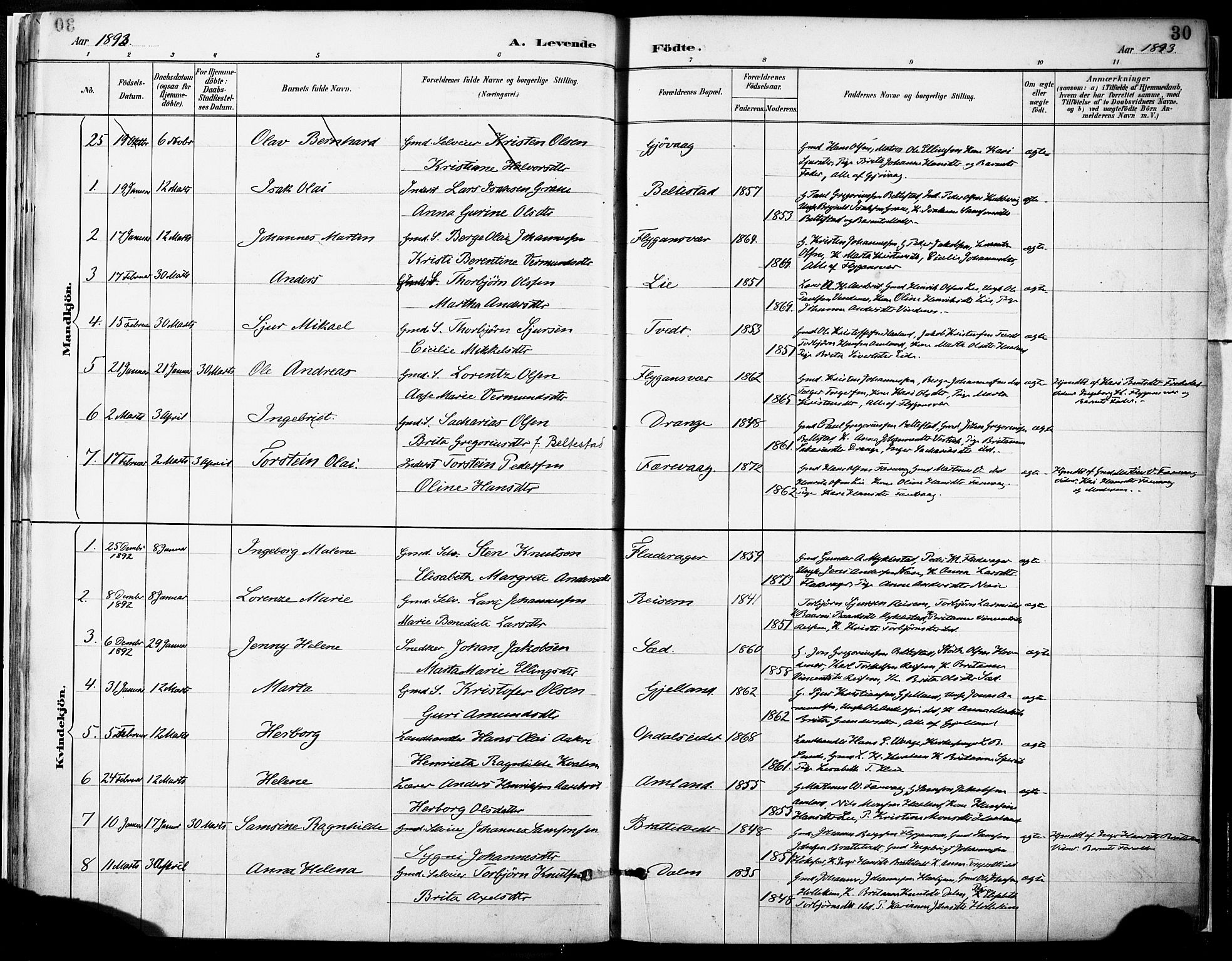 Tysnes sokneprestembete, SAB/A-78601/H/Haa: Parish register (official) no. D 1, 1887-1904, p. 30