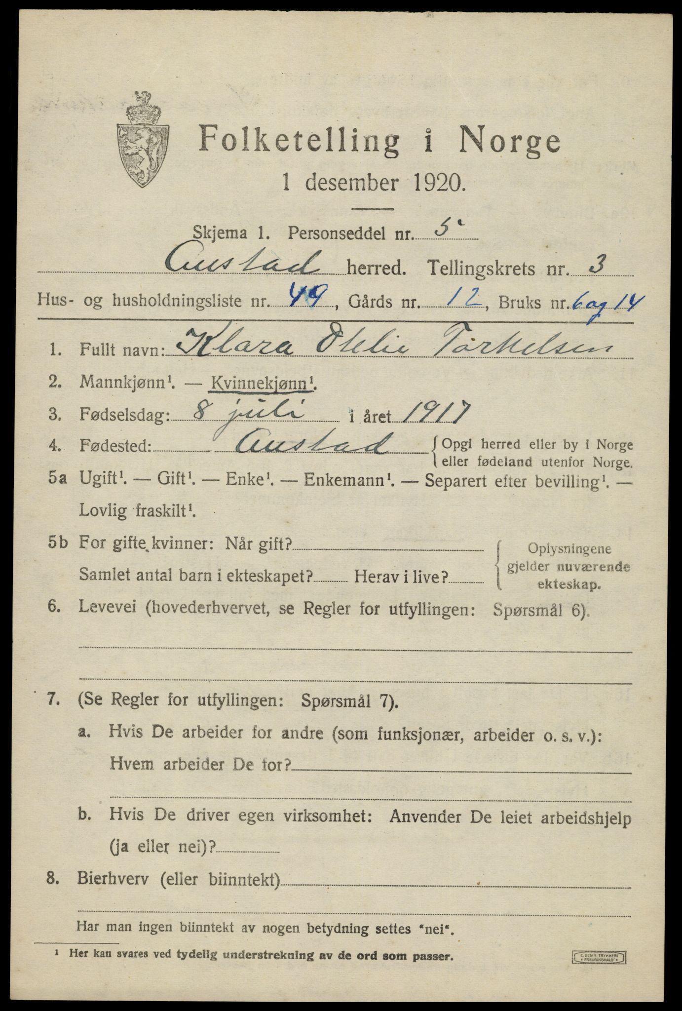 SAK, 1920 census for Austad, 1920, p. 1389