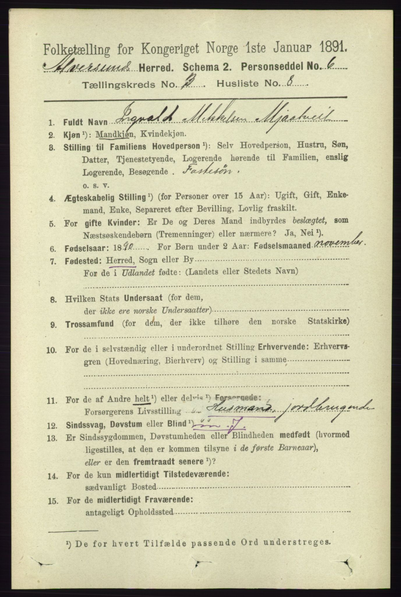 RA, 1891 census for 1257 Alversund, 1891, p. 1088